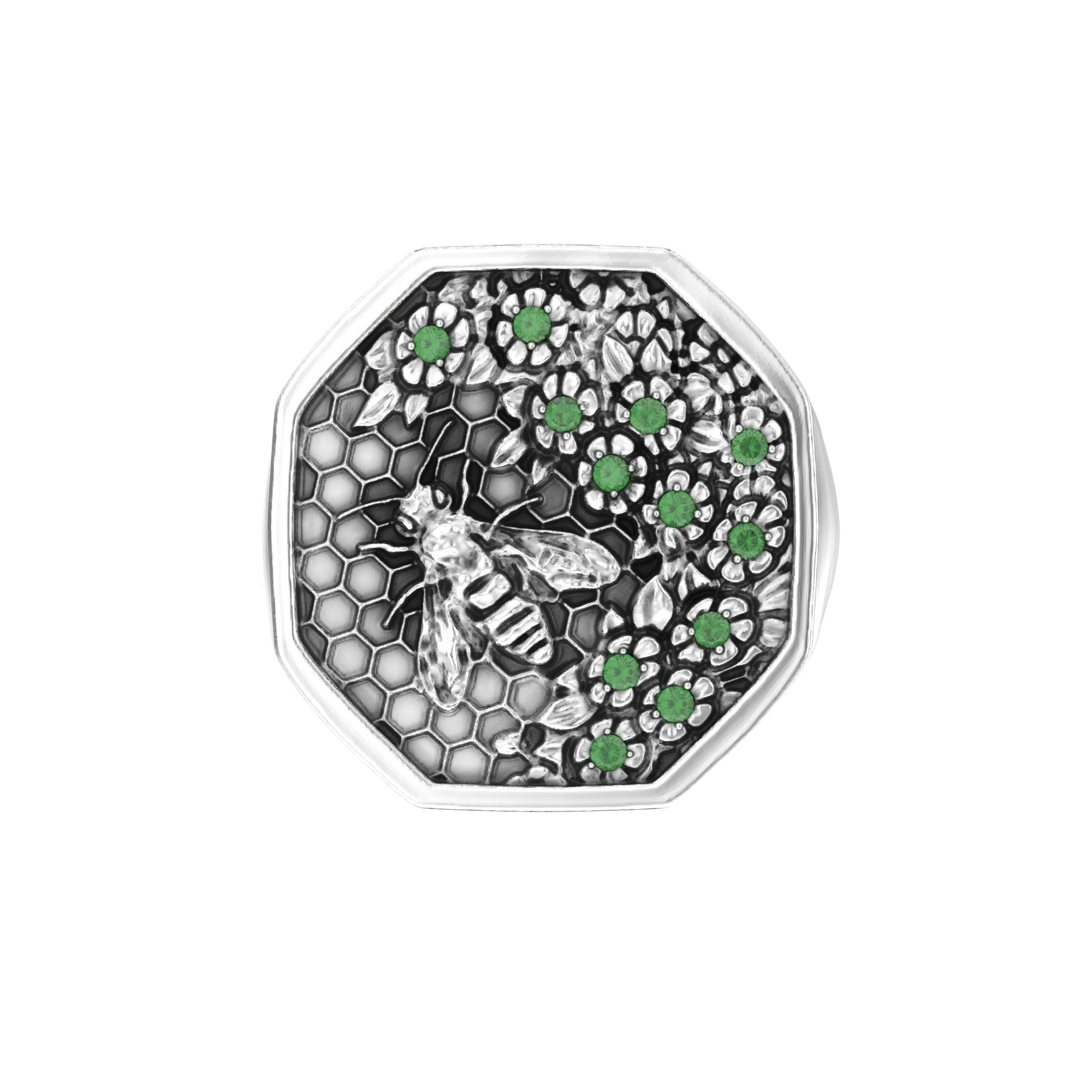 Sterling silver hexagonal bee signet ring with emerald-set blossom and engraved honeycomb design