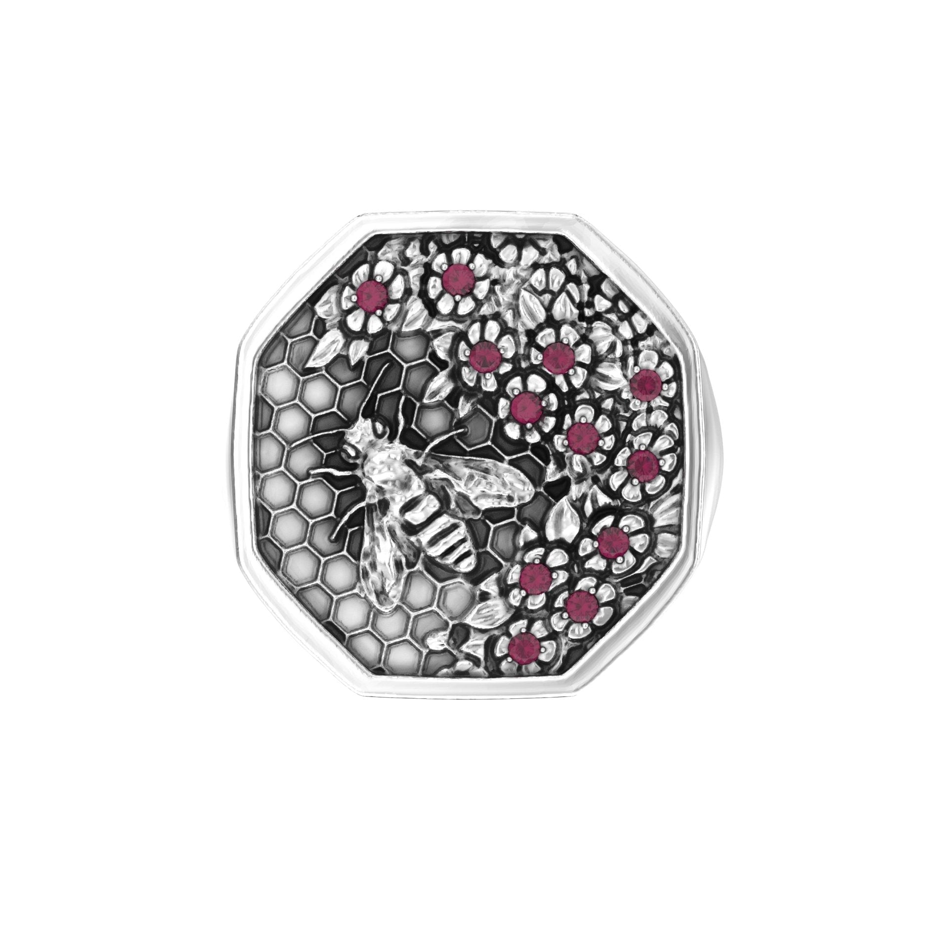 Sterling silver hexagonal bee signet ring with ruby-set blossom and engraved honeycomb design