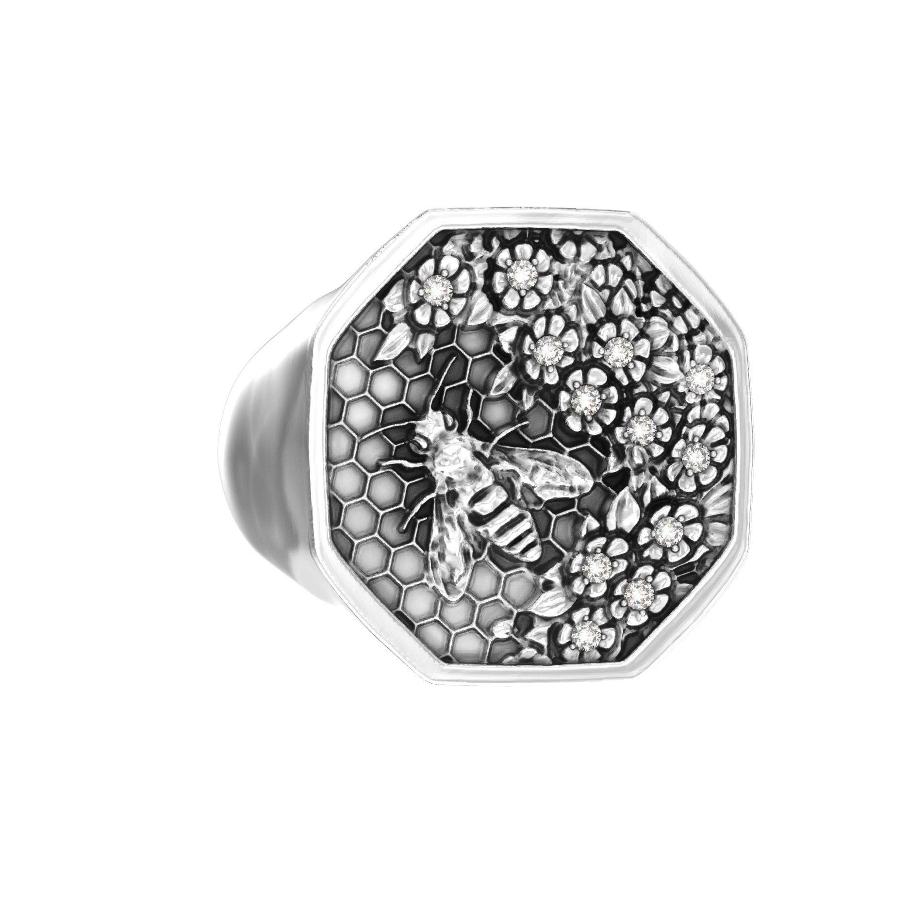 Angled left view of sterling silver bee signet ring with engraved details and moissanite accents
