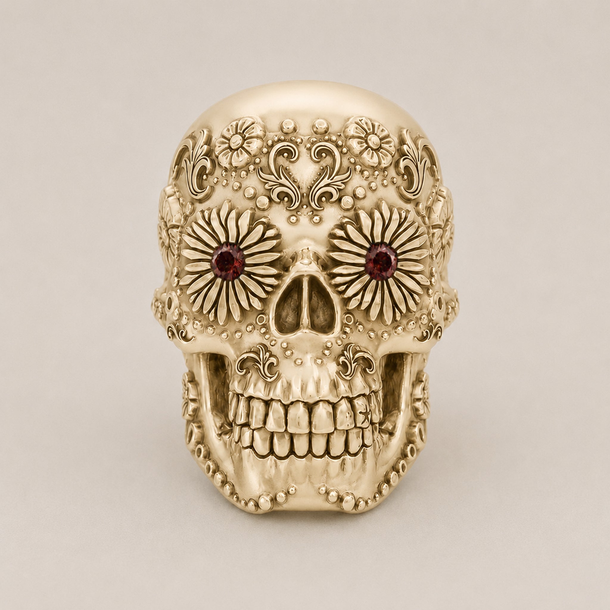 Sugar Skull Ring - Handcrafted 9ct Yellow Gold | Garnet Eyes