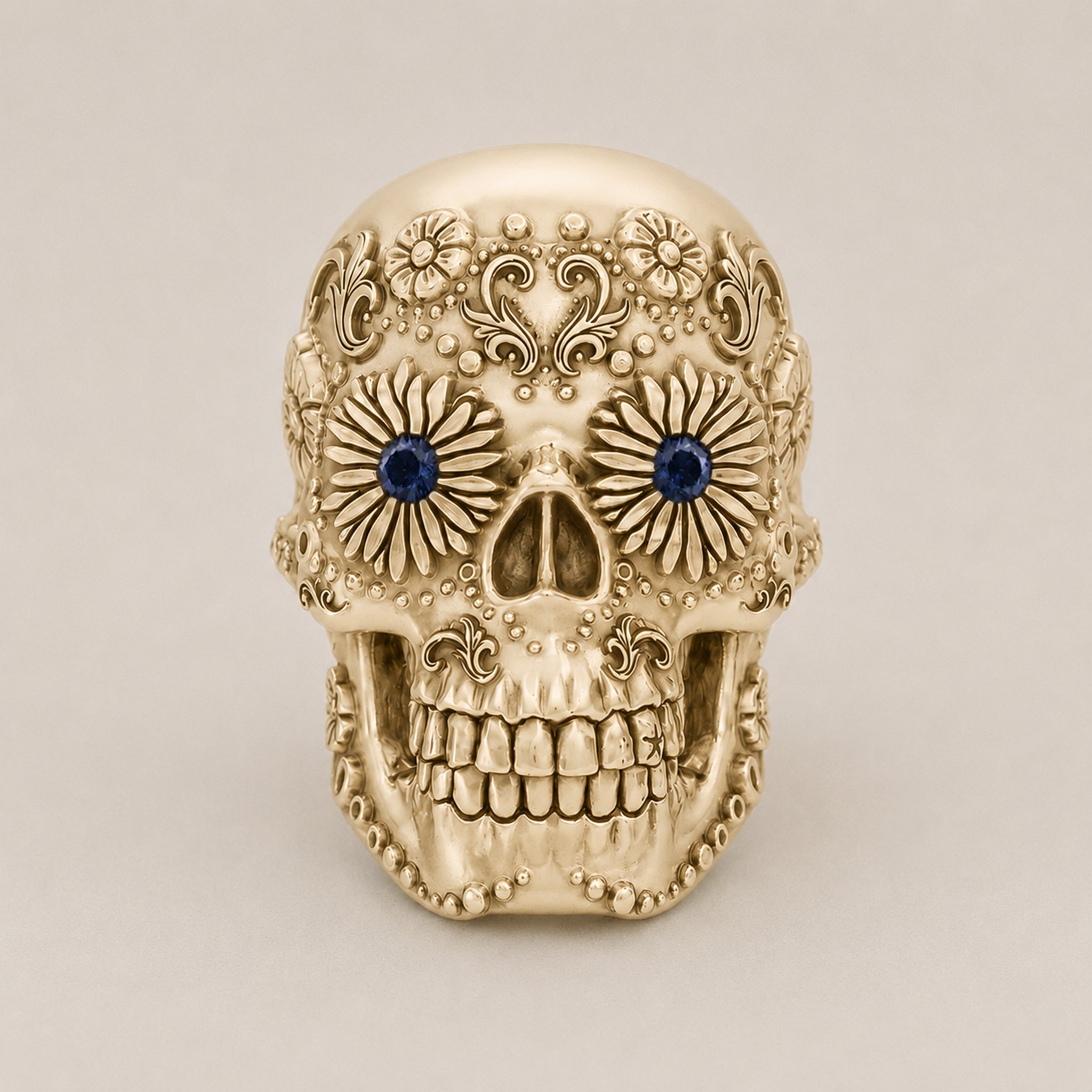 Sugar Skull Ring - Handcrafted 9ct Yellow Gold | Blue Sapphire Eyes