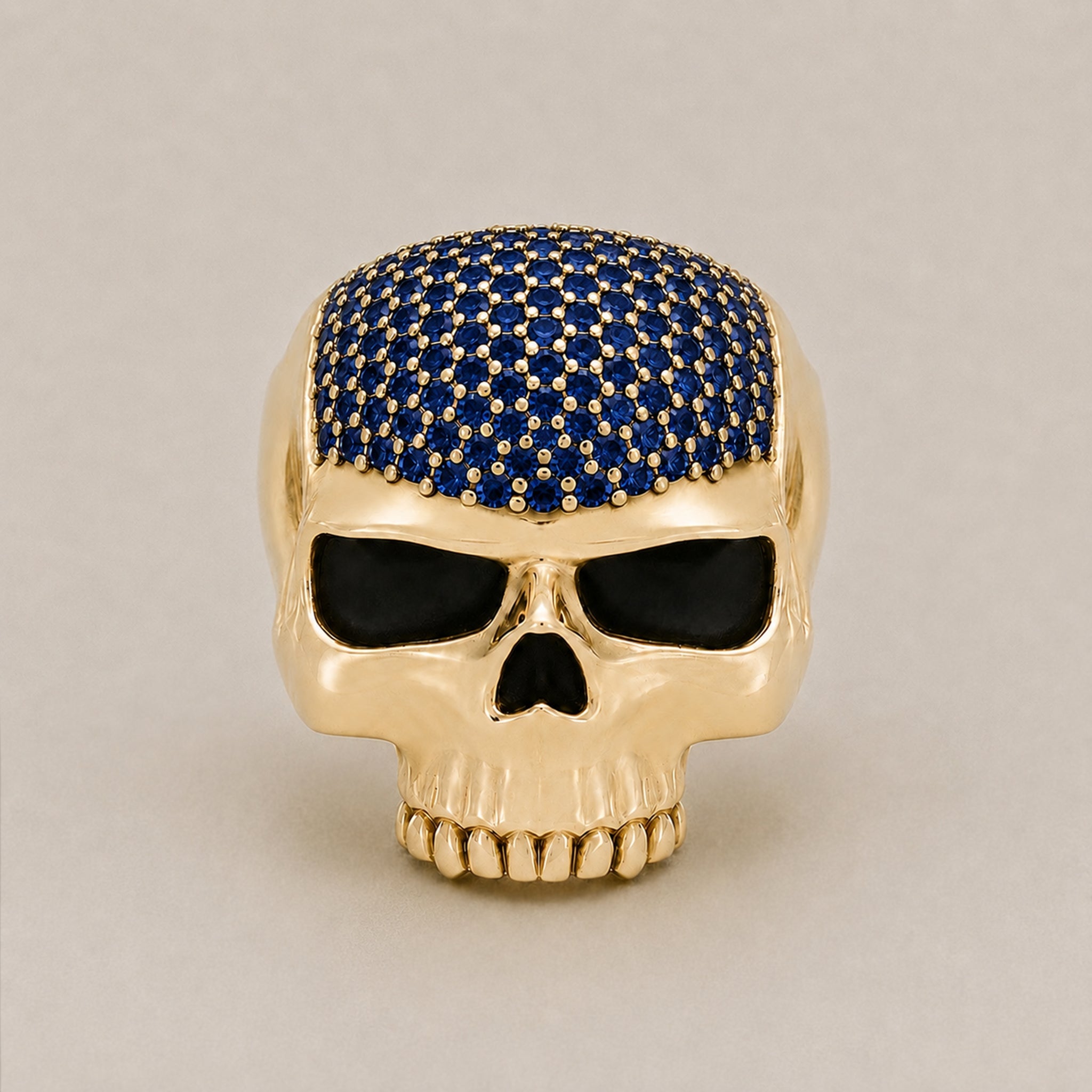 Ántrax Skull Ring – Pavé Blue Sapphire Edition | 9ct Yellow Gold - BeckonJewel