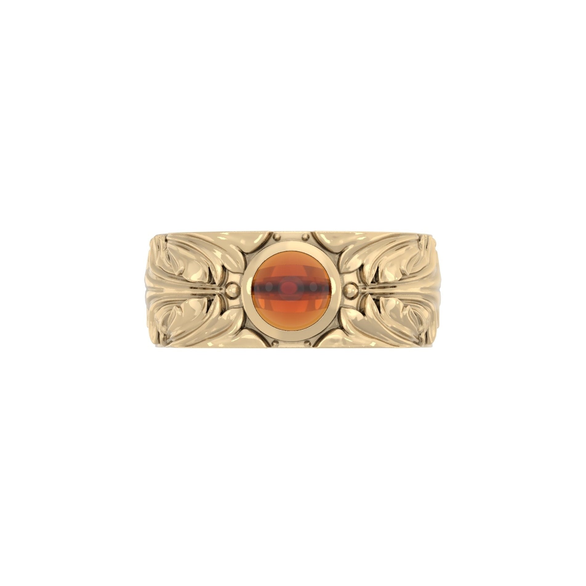 Front view of Court Filigree Ring showcasing deep Orange Citrine cabochon set in ornate 9ct yellow gold