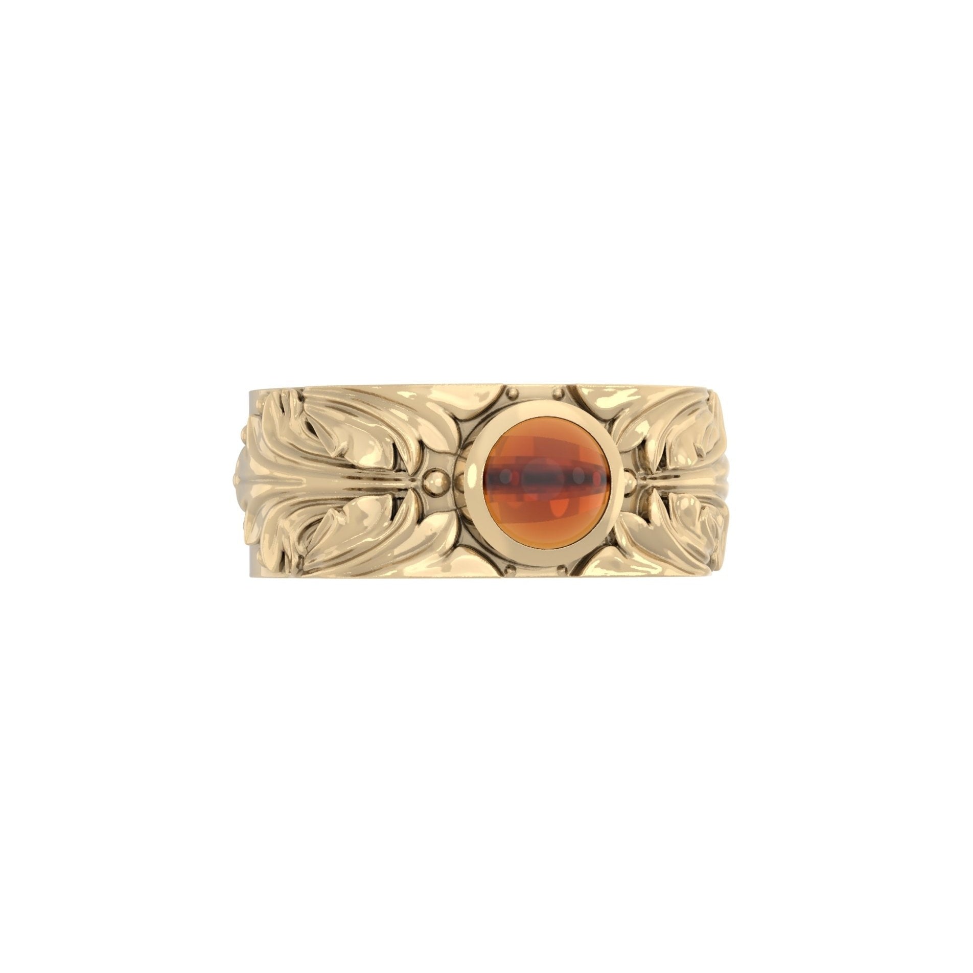 Angled perspective of Court Filigree Ring highlighting detailed side engraving and domed Citrine cabochon