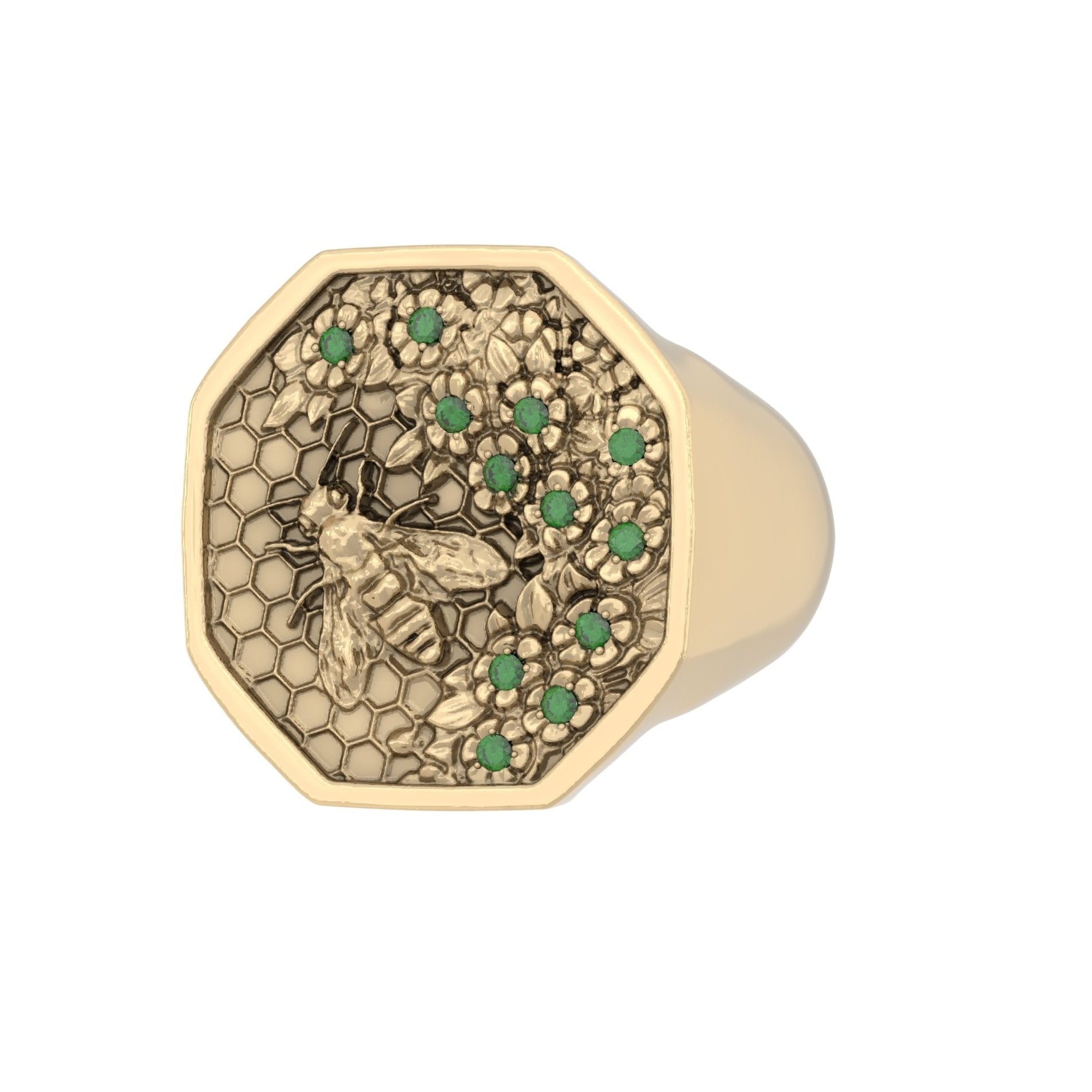 Honeycomb Bee Signet Ring – Emerald | 9ct Yellow Gold - BeckonJewel