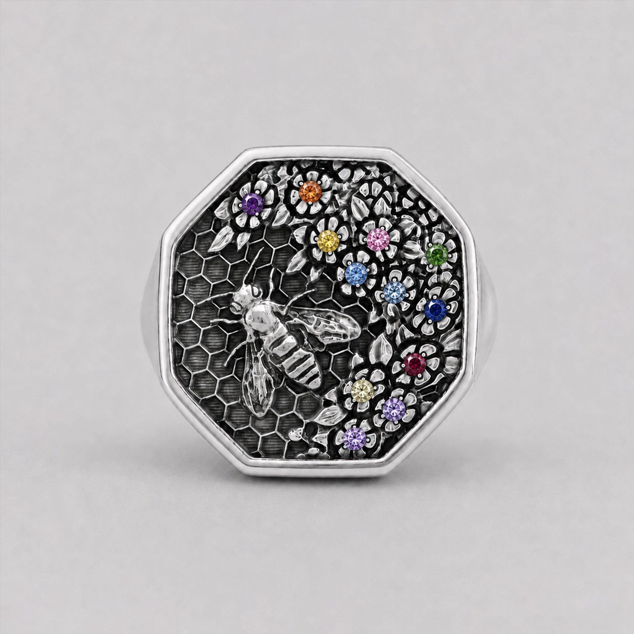 Honeycomb Bee Signet Ring –Multi | Sterling Silver - BeckonJewel