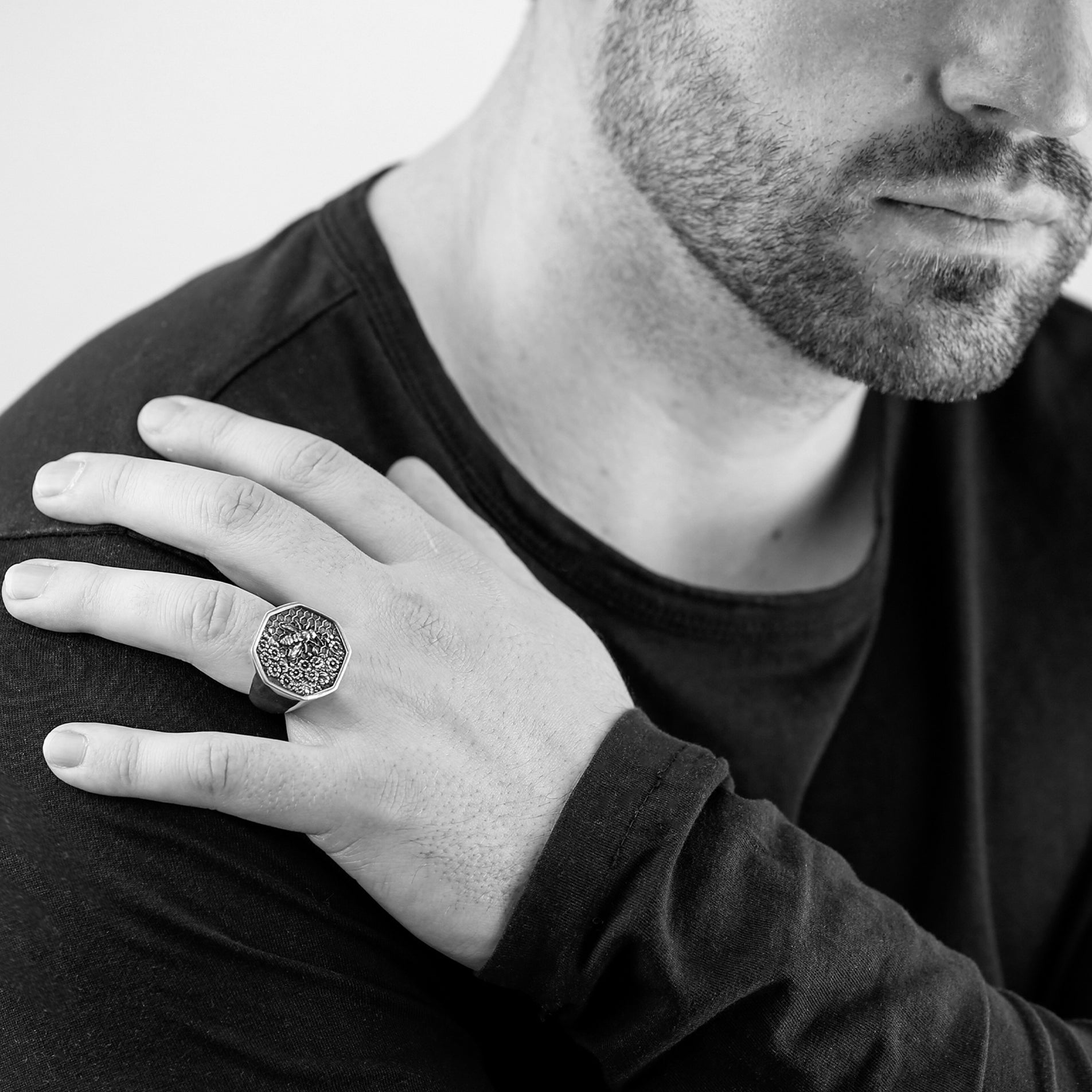 Honeycomb Bee Signet Ring | Sterling Silver - BeckonJewel