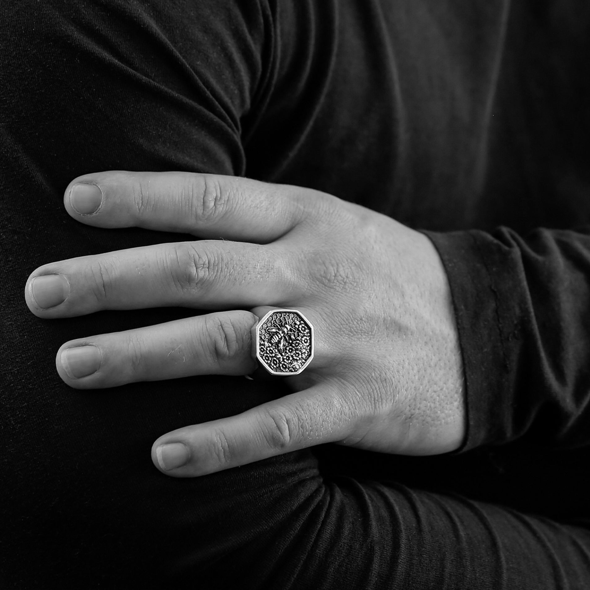 Honeycomb Bee Signet Ring | Sterling Silver - BeckonJewel