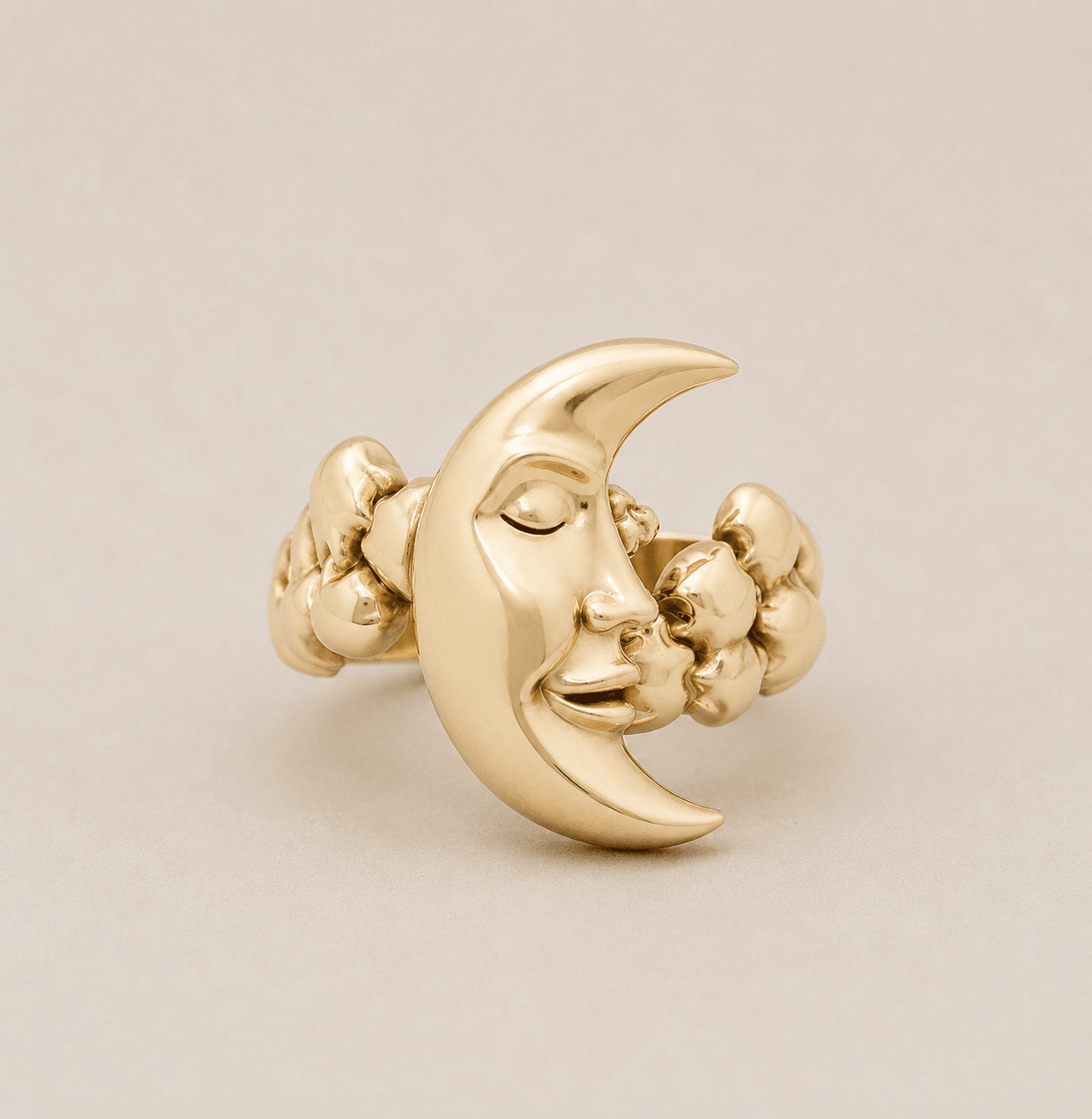 Moon Face & Clouds Ring – Handcrafted 9ct Yellow Gold - BeckonJewel