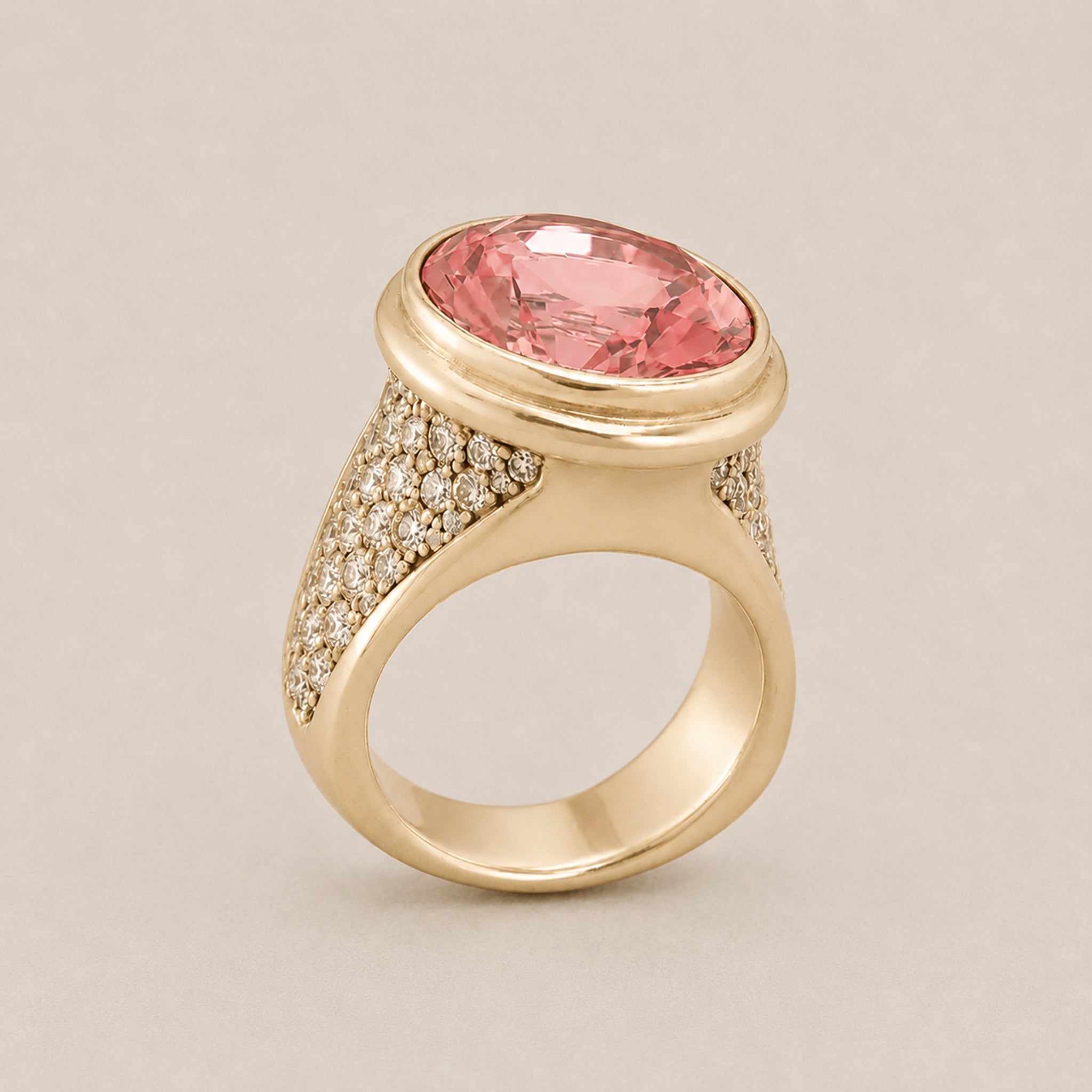 Signature Ring - Handcrafted 9ct Yellow Gold - Rose Quartz & Moissanite - BeckonJewel