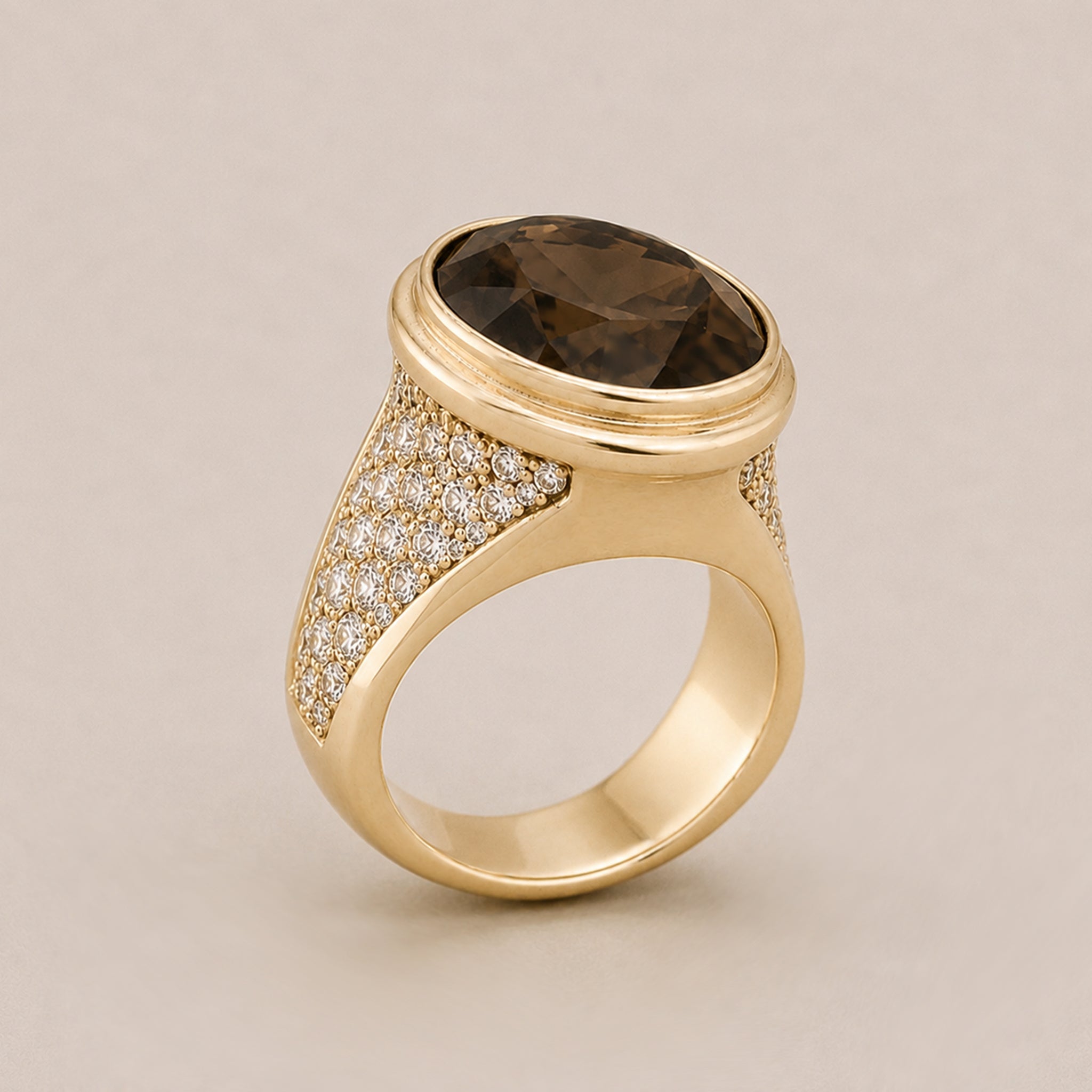 Signature Ring - Handcrafted 9ct Yellow Gold - Smokey Quartz & Moissanite - BeckonJewel