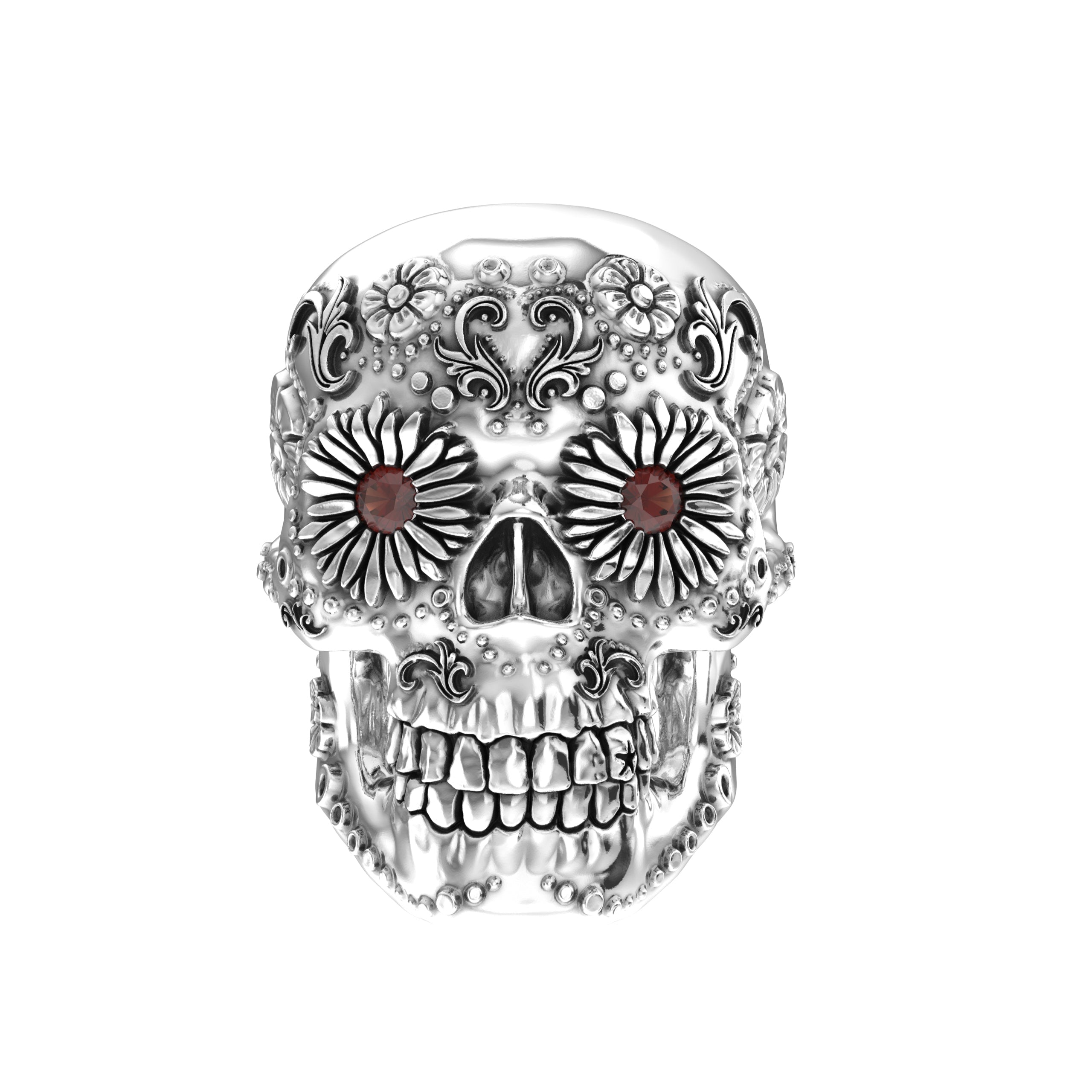 Sugar Skull Ring - Handcrafted Sterling Silver | Garnet Eyes - BeckonJewel