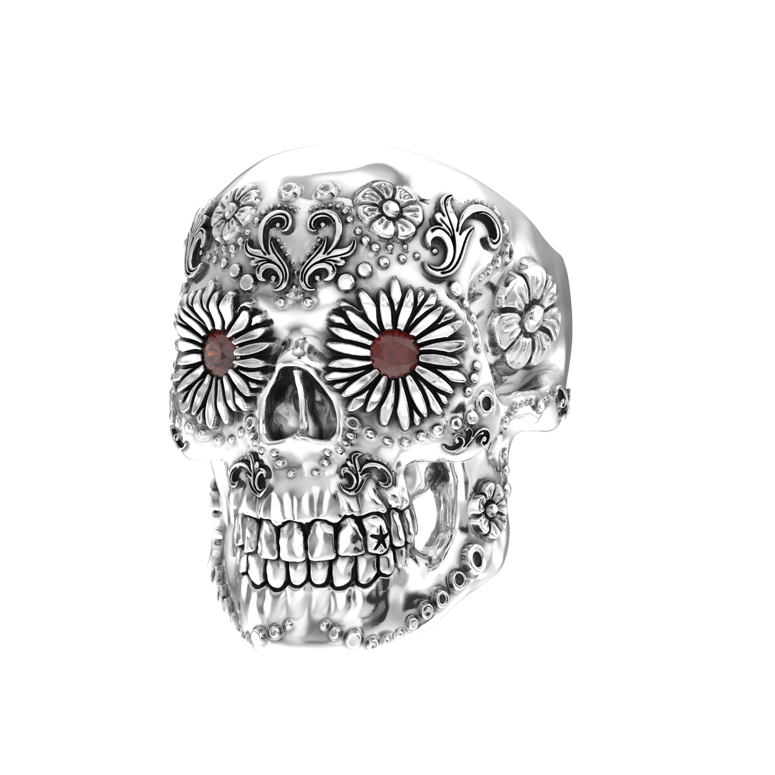 Sugar Skull Ring - Handcrafted Sterling Silver | Garnet Eyes - BeckonJewel