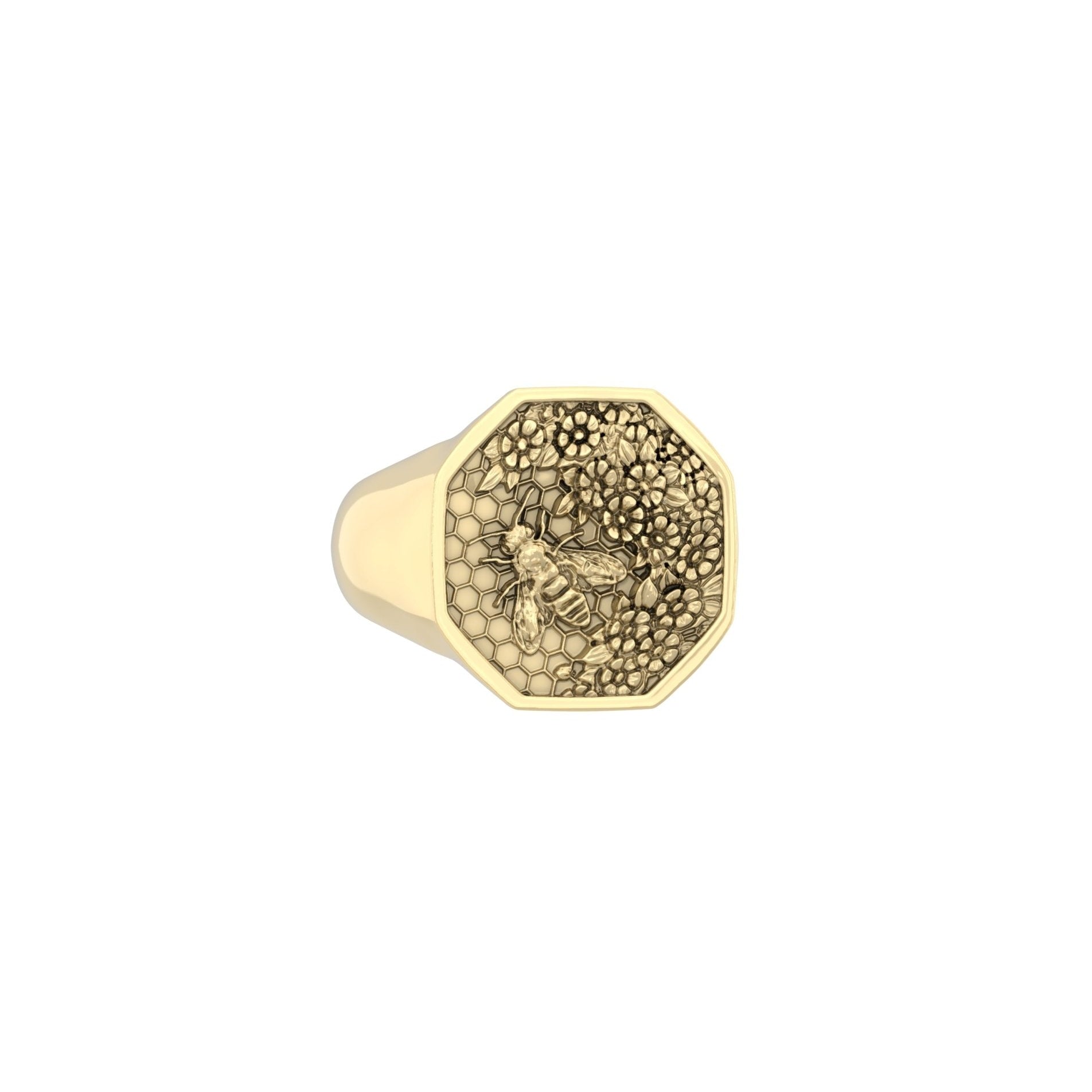 Small Honeycomb Bee Signet Ring | 9ct Yellow Gold - BeckonJewel