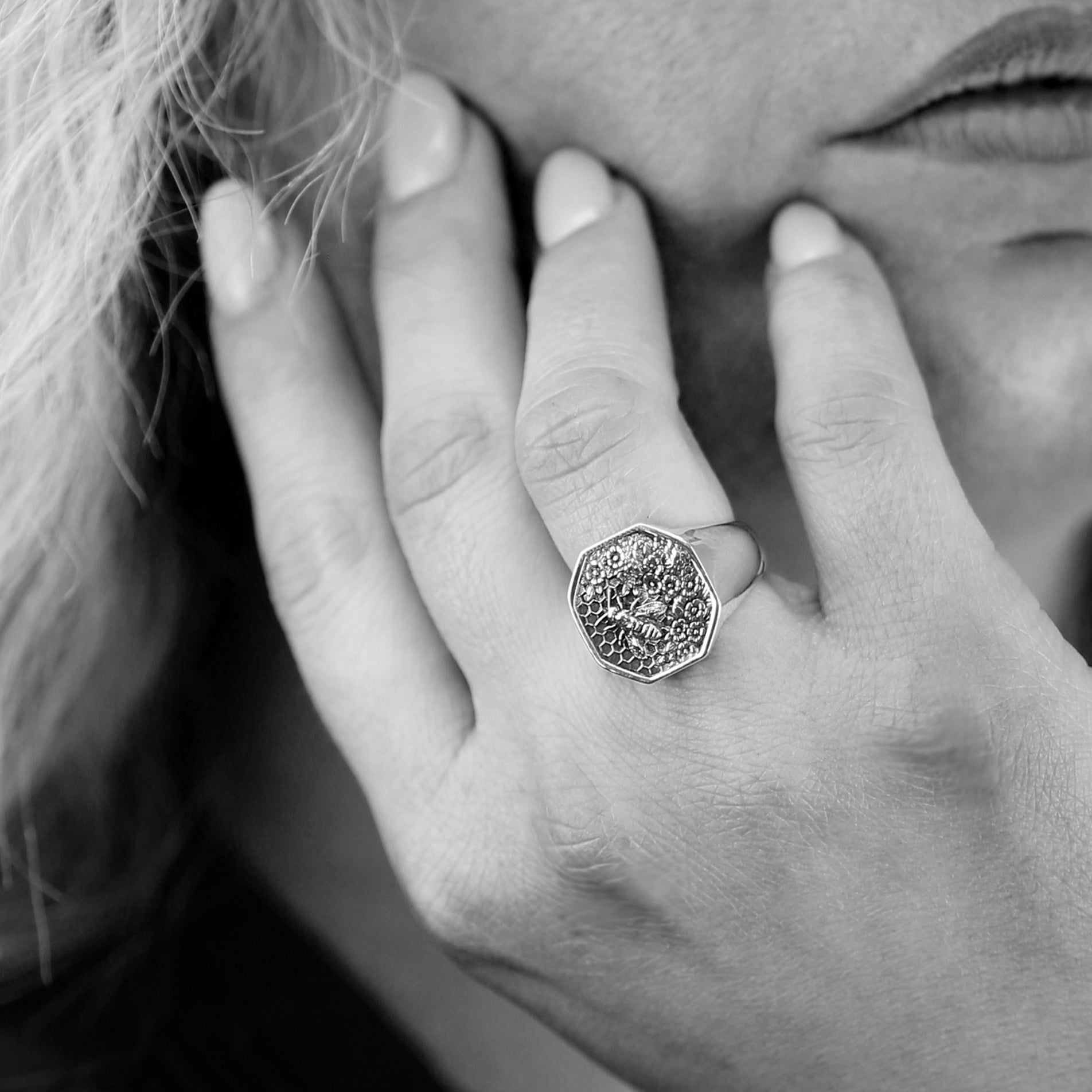 Small Honeycomb Bee Signet Ring | 9ct Yellow Gold - BeckonJewel