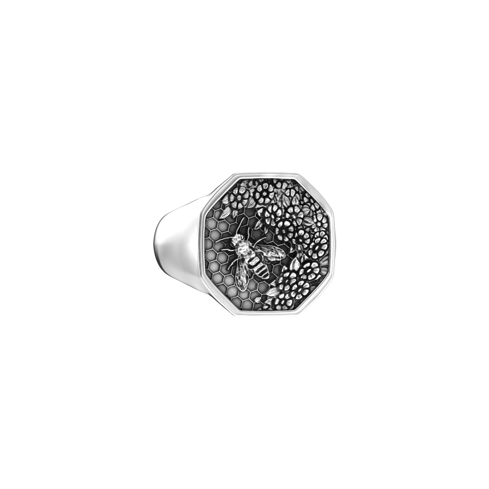 Small Honeycomb Bee Signet Ring | Sterling Silver - BeckonJewel