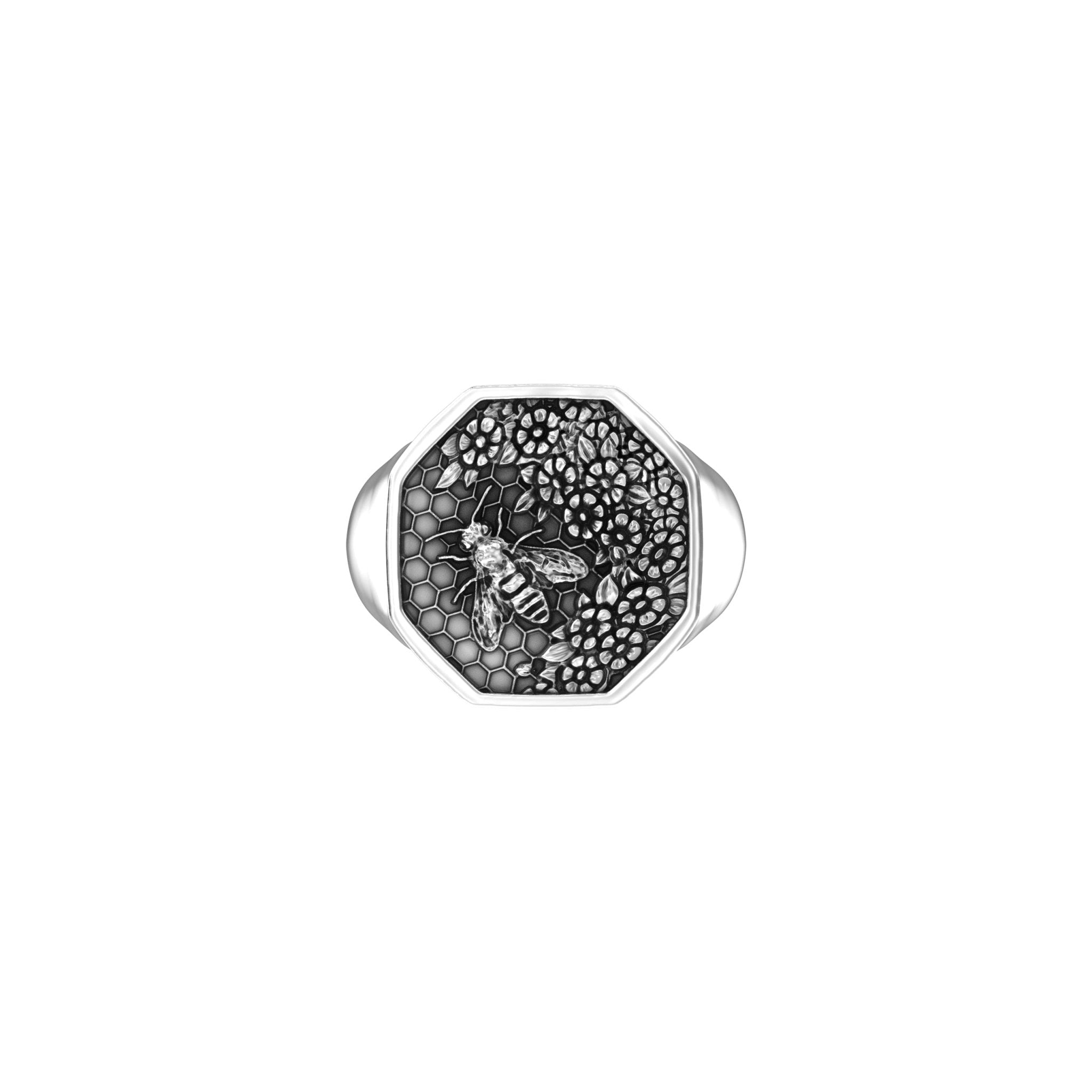 Small Honeycomb Bee Signet Ring | Sterling Silver - BeckonJewel