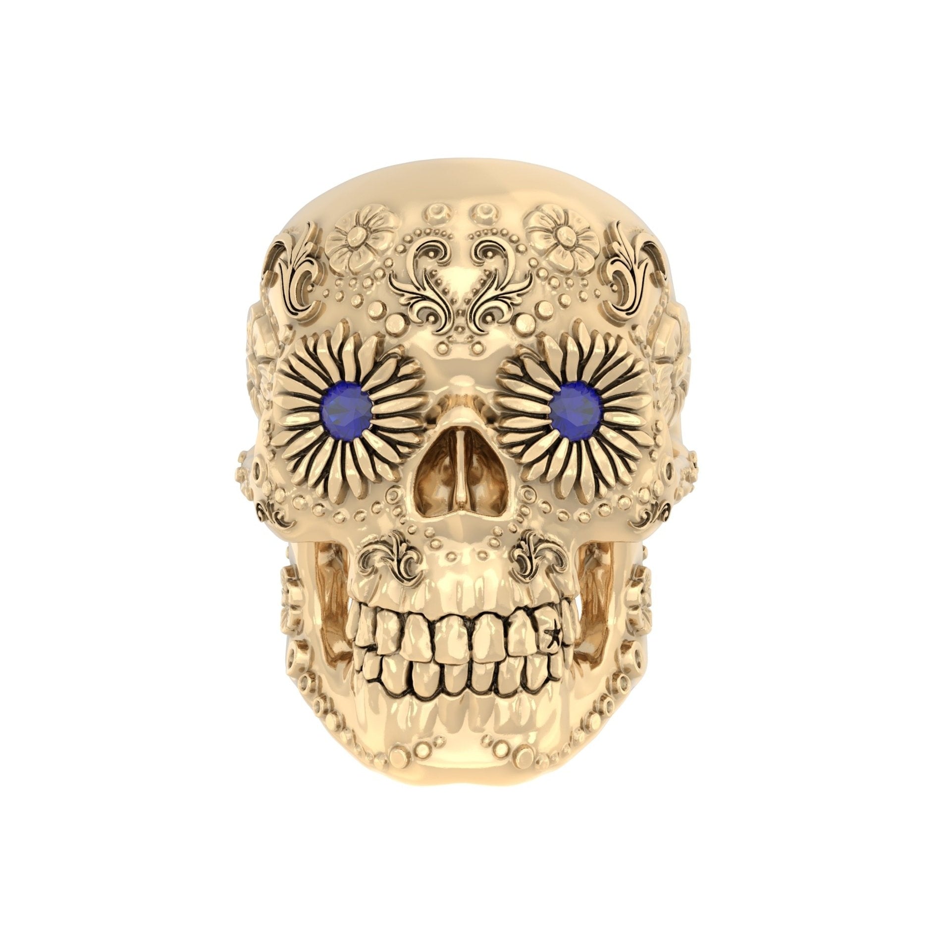Sugar Skull Ring - Handcrafted 9ct Yellow Gold | Blue Sapphire Eyes - BeckonJewel