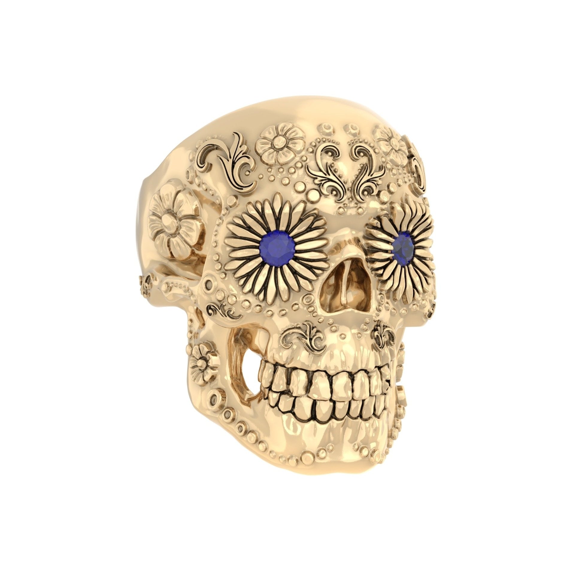 Sugar Skull Ring - Handcrafted 9ct Yellow Gold | Blue Sapphire Eyes - BeckonJewel
