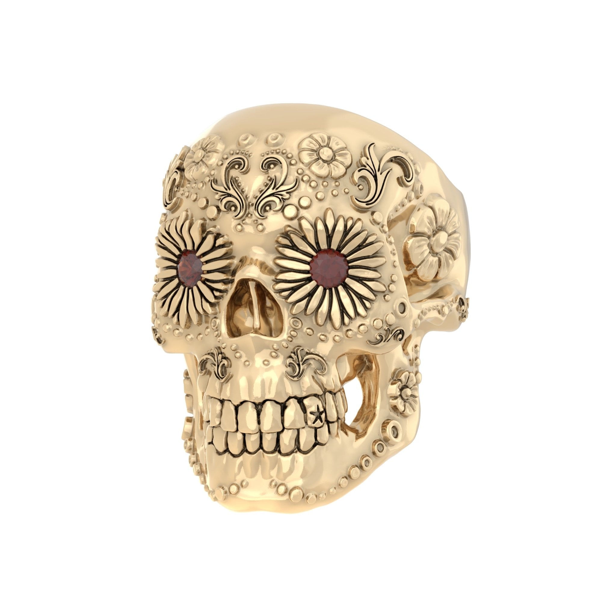 Sugar Skull Ring - Handcrafted 9ct Yellow Gold | Garnet Eyes - BeckonJewel