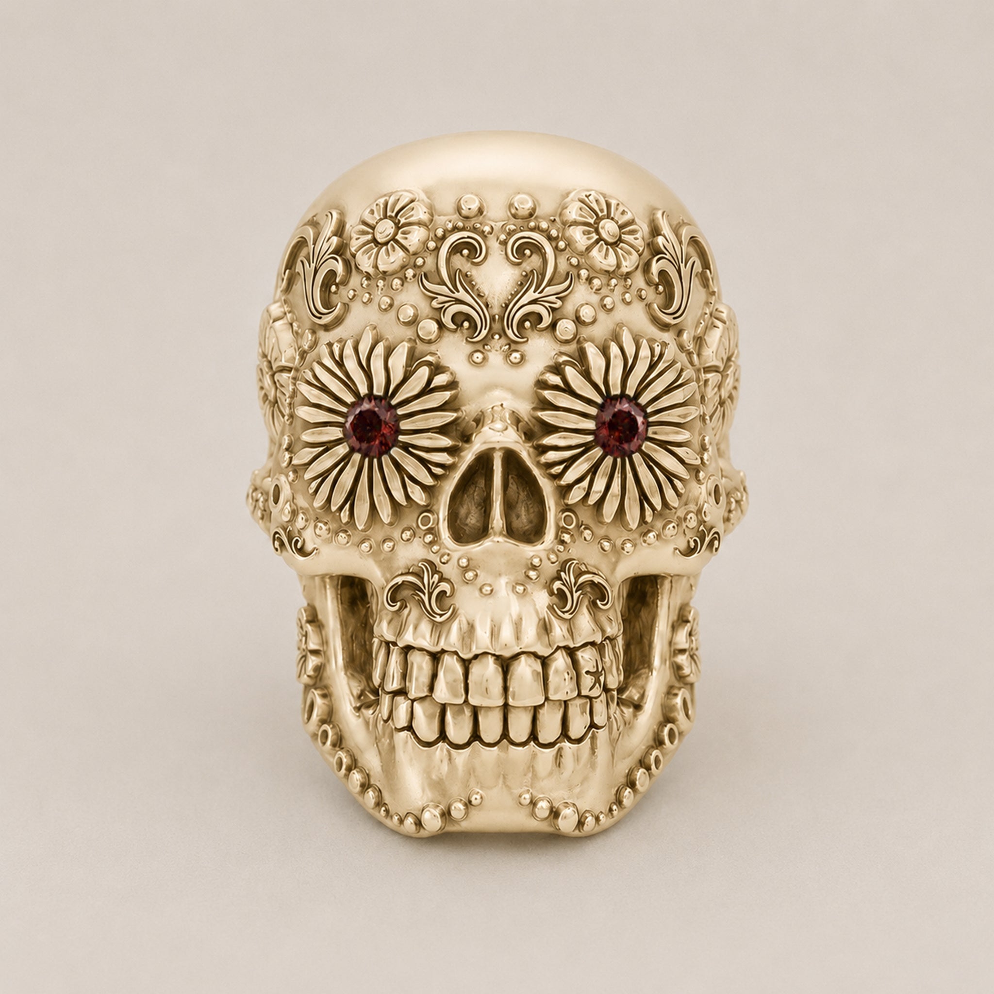 Sugar Skull Ring - Handcrafted 9ct Yellow Gold | Garnet Eyes - BeckonJewel