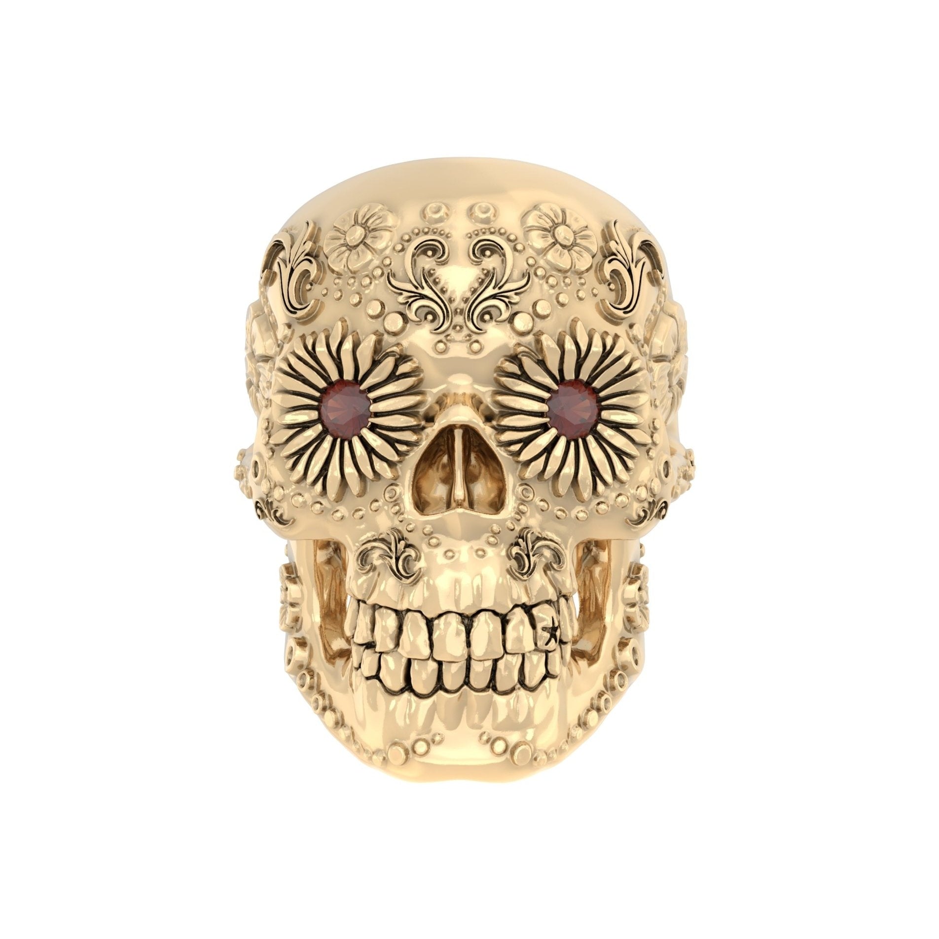 Sugar Skull Ring - Handcrafted 9ct Yellow Gold | Garnet Eyes - BeckonJewel