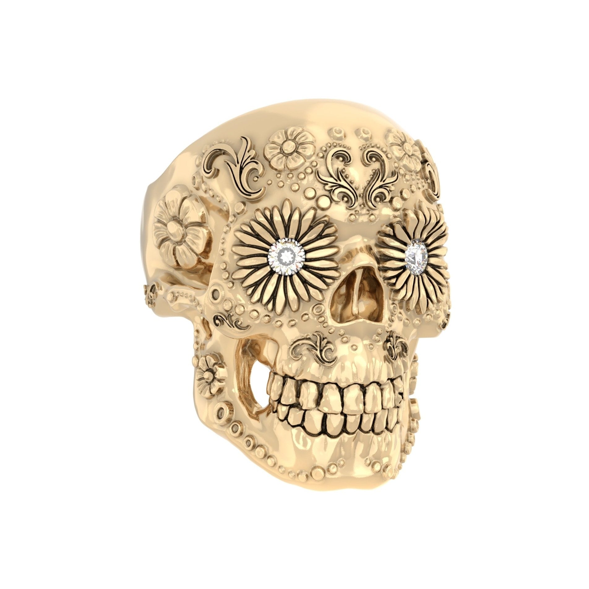 Sugar Skull Ring – Handcrafted 9ct Yellow Gold | Moissanite or Diamond Eyes - BeckonJewel
