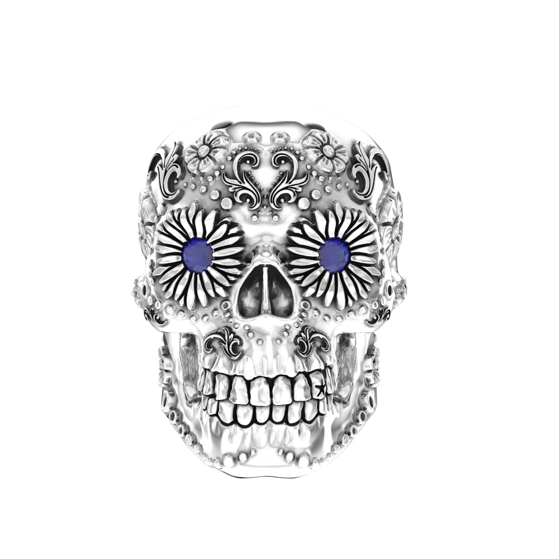 Sugar Skull Ring - Handcrafted Sterling Silver | Blue Sapphire Eyes - BeckonJewel