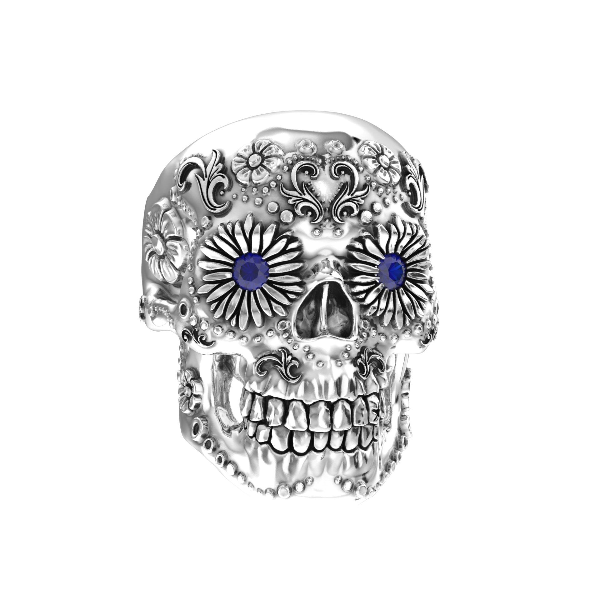 Sugar Skull Ring - Handcrafted Sterling Silver | Blue Sapphire Eyes - BeckonJewel