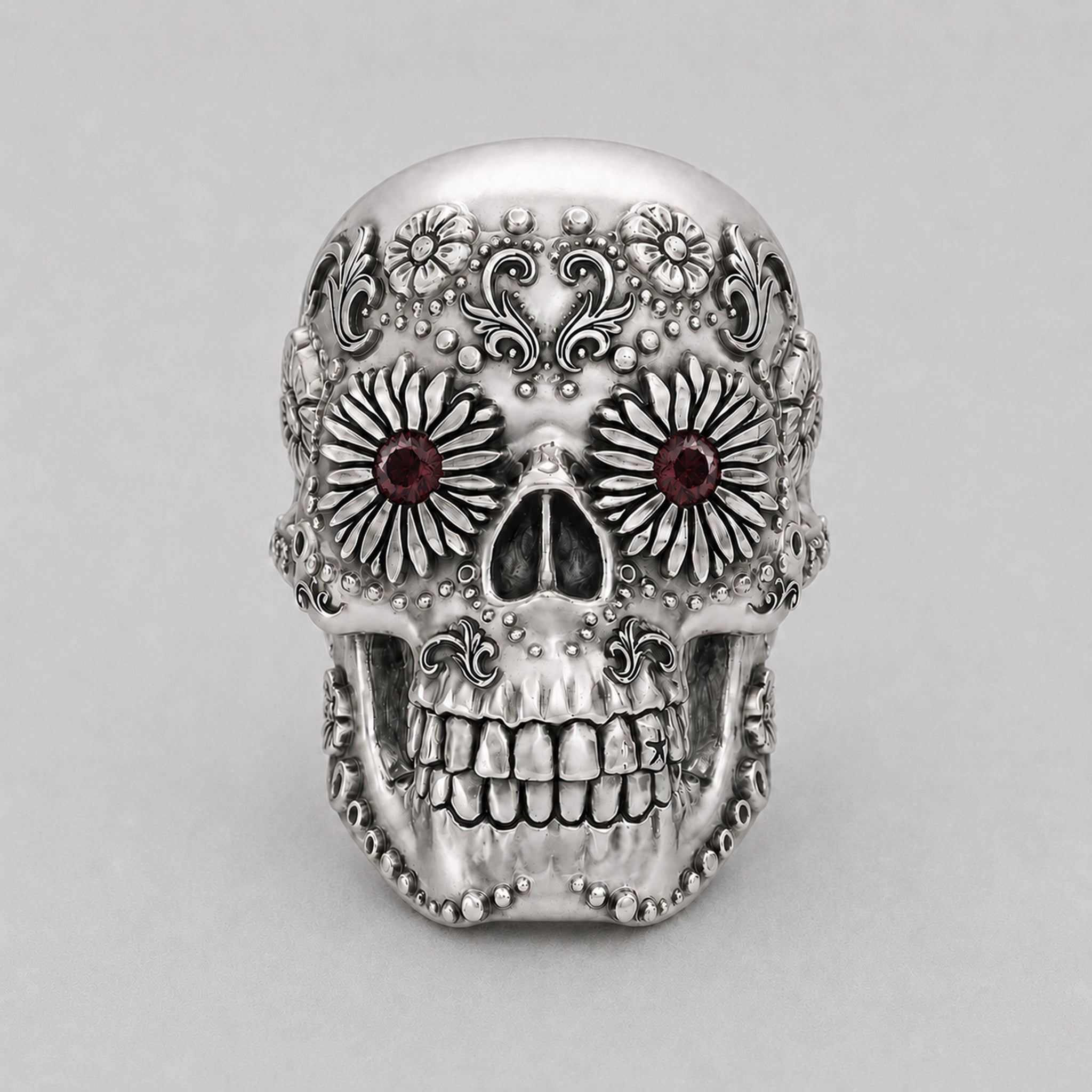 Sugar Skull Ring - Handcrafted Sterling Silver | Garnet Eyes - BeckonJewel