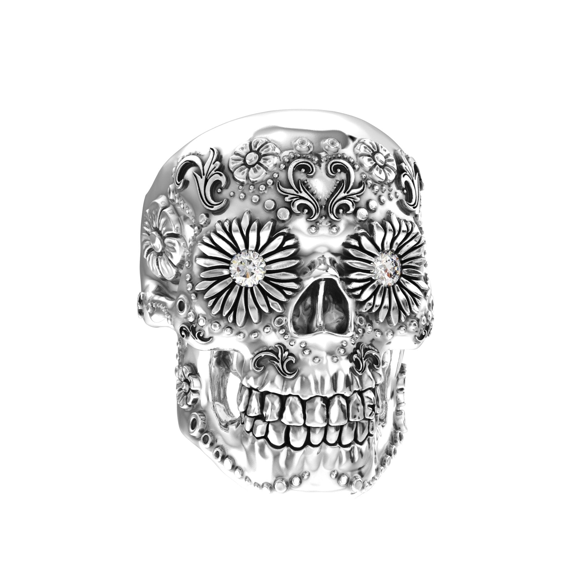 Sugar Skull Ring - Handcrafted Sterling Silver | Moissanite Eyes - BeckonJewel