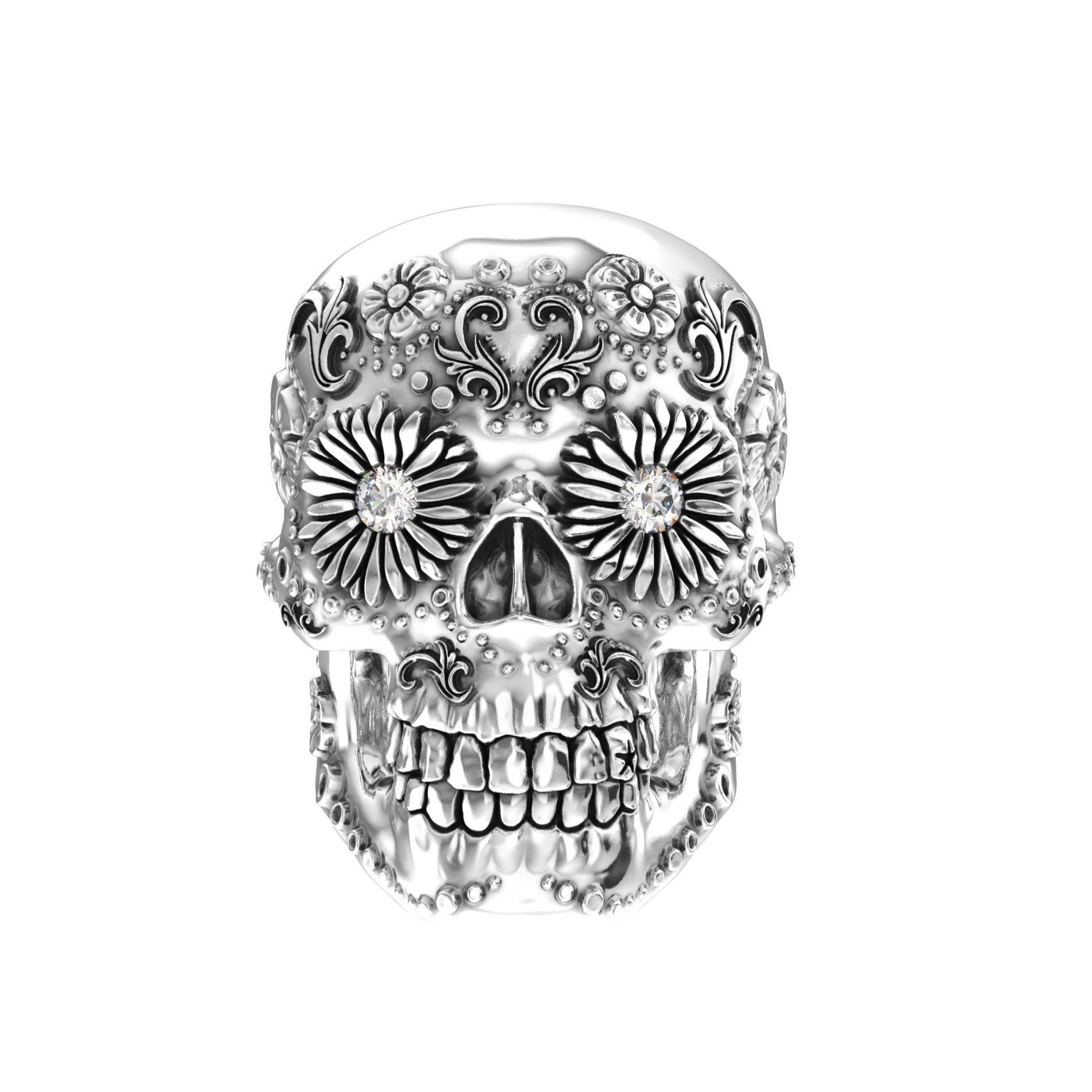 Sugar Skull Ring - Handcrafted Sterling Silver | Moissanite Eyes - BeckonJewel