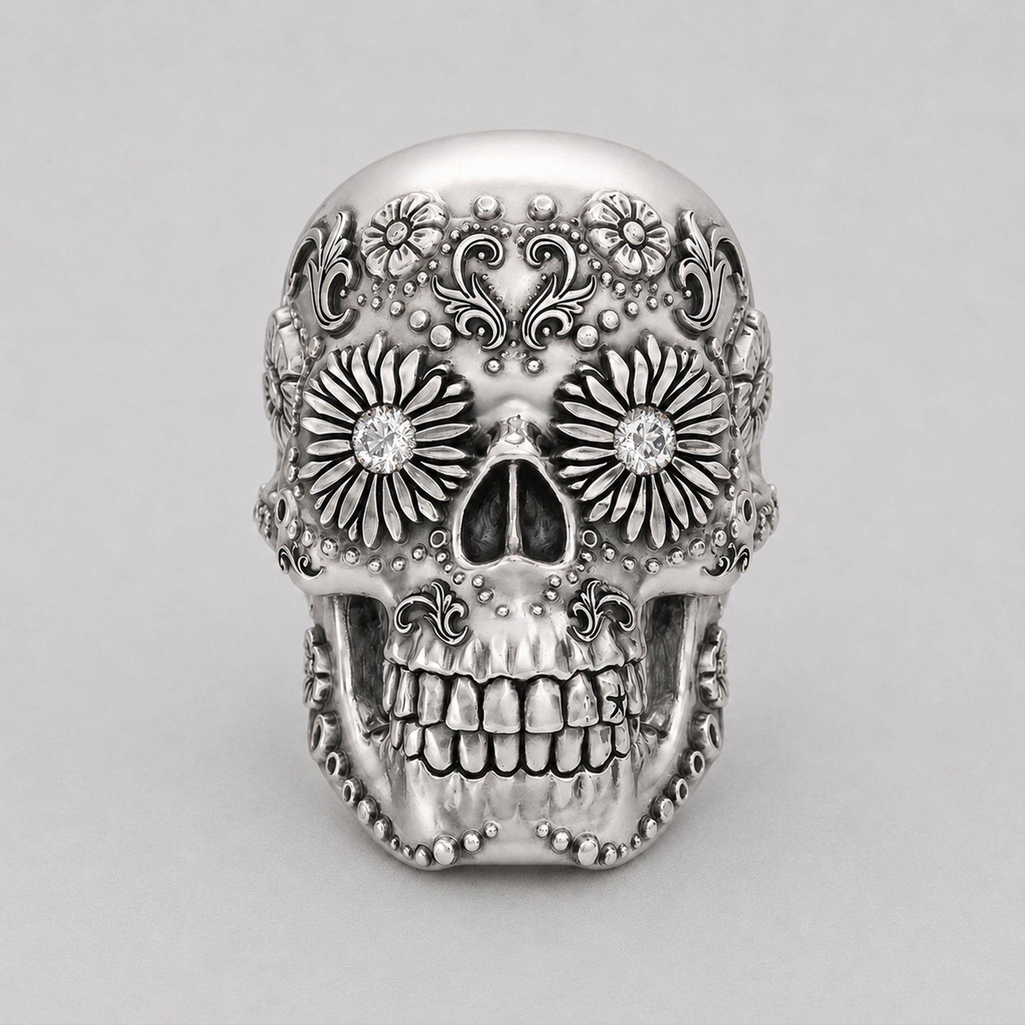 Sugar Skull Ring - Handcrafted Sterling Silver | Moissanite Eyes - BeckonJewel