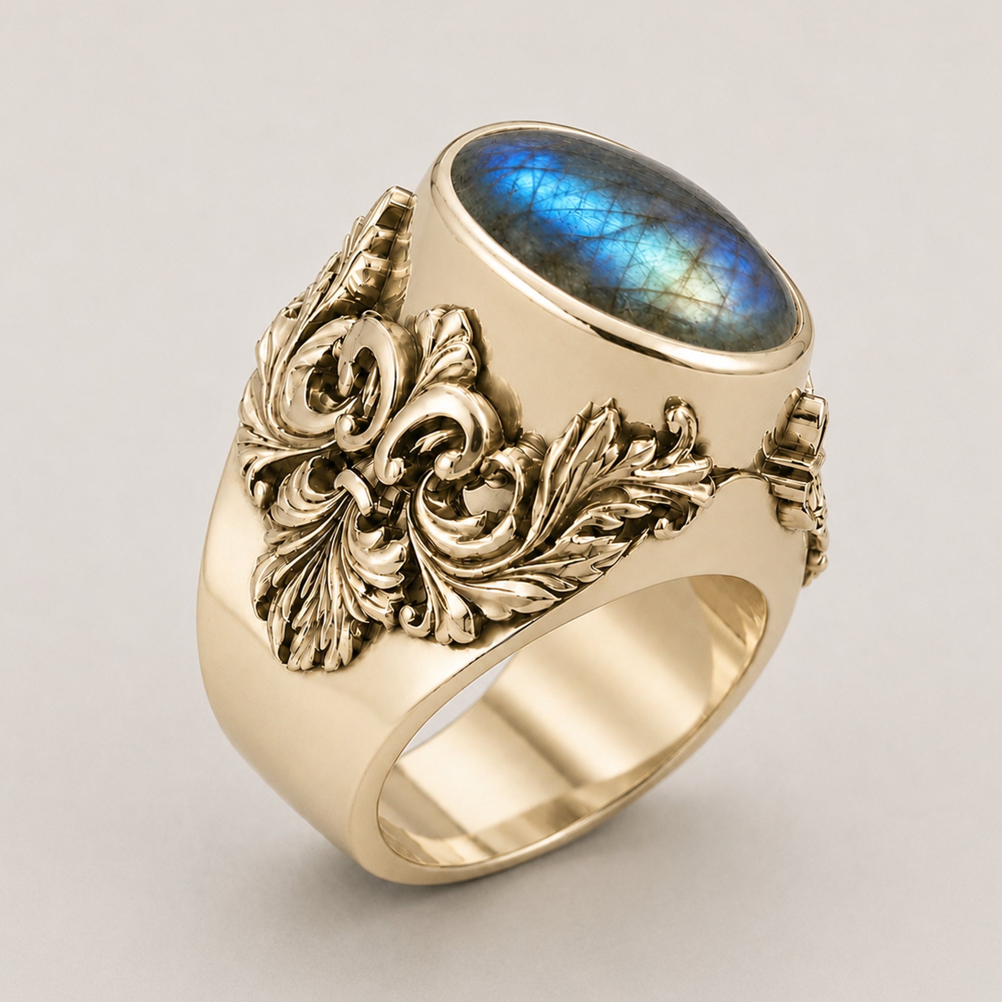 Victorian Filigree Ring – Labradorite| Handcrafted 9ct Yellow Gold - BeckonJewel