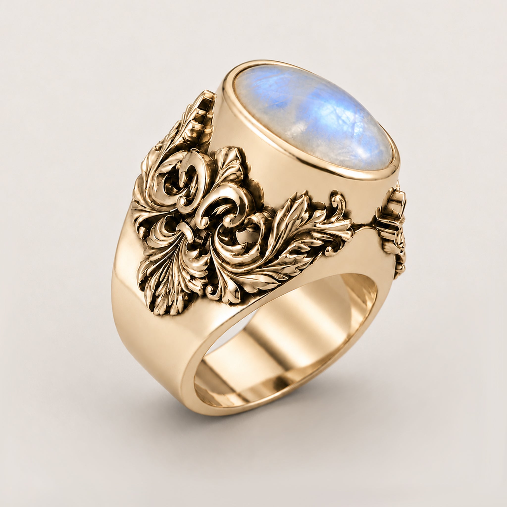 Victorian Filigree Ring – Moonstone | Handcrafted 9ct Yellow Gold - BeckonJewel