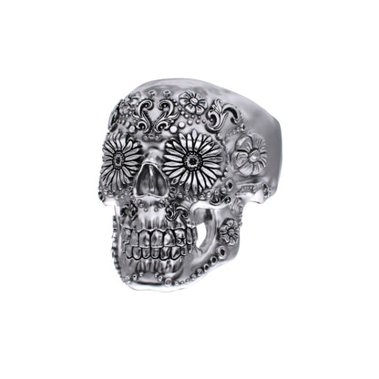 925 Silver Sugar Skull Ring - Small - Mexican Day of the Dead Floral Skull Jewellery