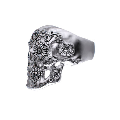 925 Silver Sugar Skull Ring - Small - Mexican Day of the Dead Floral Skull Jewellery