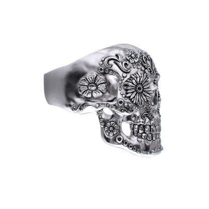 925 Silver Sugar Skull Ring - Small - Mexican Day of the Dead Floral Skull Jewellery