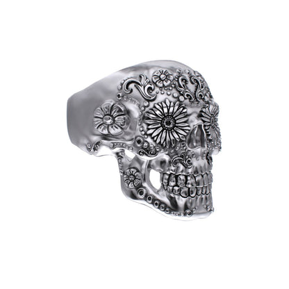 925 Silver Sugar Skull Ring - Small - Mexican Day of the Dead Floral Skull Jewellery