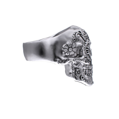 925 Silver Sugar Skull Ring - Small - Mexican Day of the Dead Floral Skull Jewellery