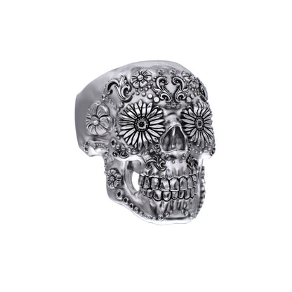 925 Silver Sugar Skull Ring - Small - Mexican Day of the Dead Floral Skull Jewellery