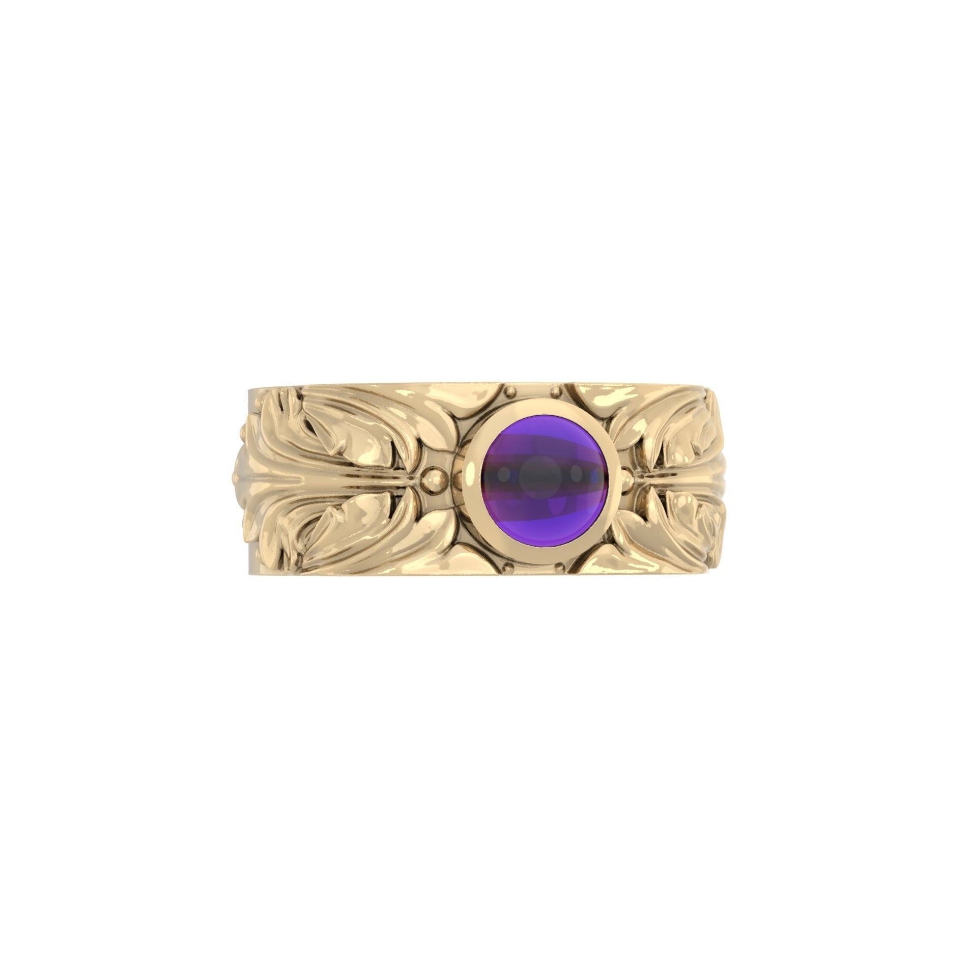 Angled perspective of Court Filigree Ring highlighting detailed side engraving and domed amethyst cabochon