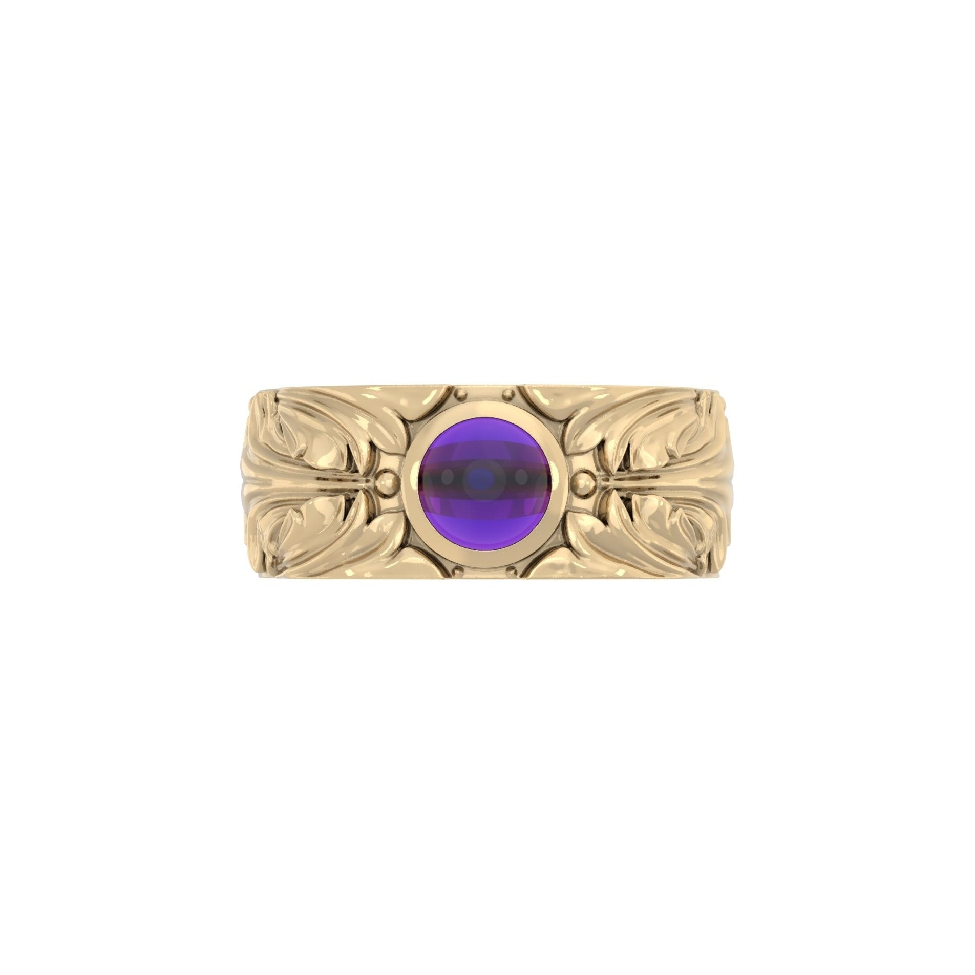 Front view of Court Filigree Ring showcasing deep purple amethyst cabochon set in ornate 9ct yellow gold