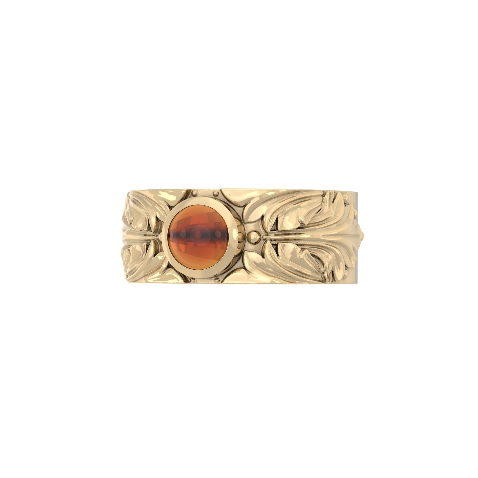 Side view of the Court Filigree Ring in 9ct yellow gold featuring engraved foliage and orange cabochon