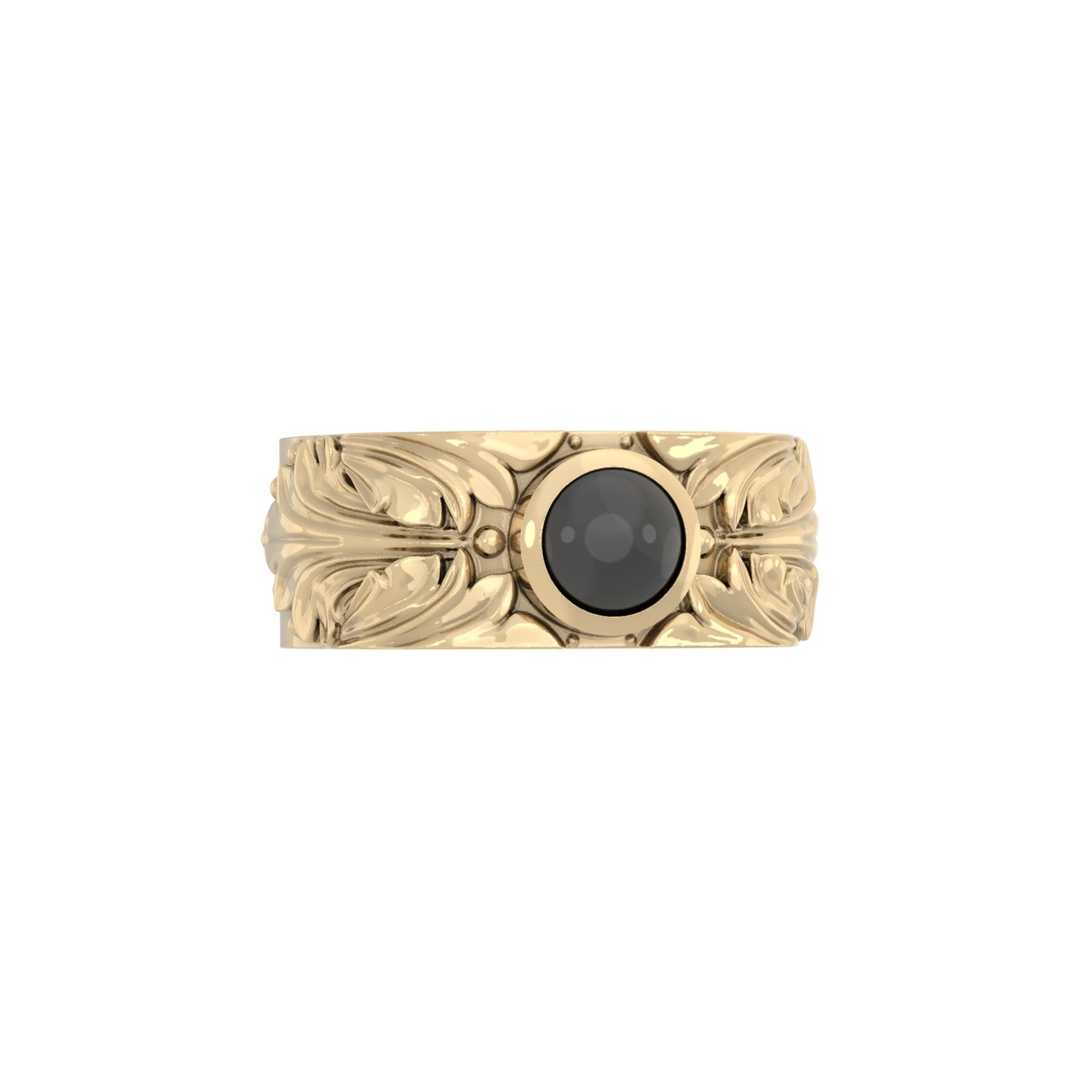 Angled view of Court Filigree Ring with Onyx Cabochon in 9ct Yellow Gold – Artisan Detail – BeckonJewel

