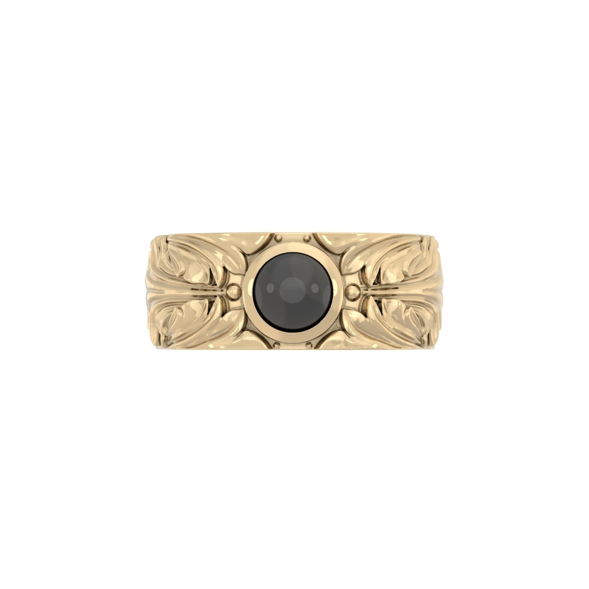 Front view of Court Filigree Ring with Onyx Cabochon in 9ct Yellow Gold – BeckonJewel