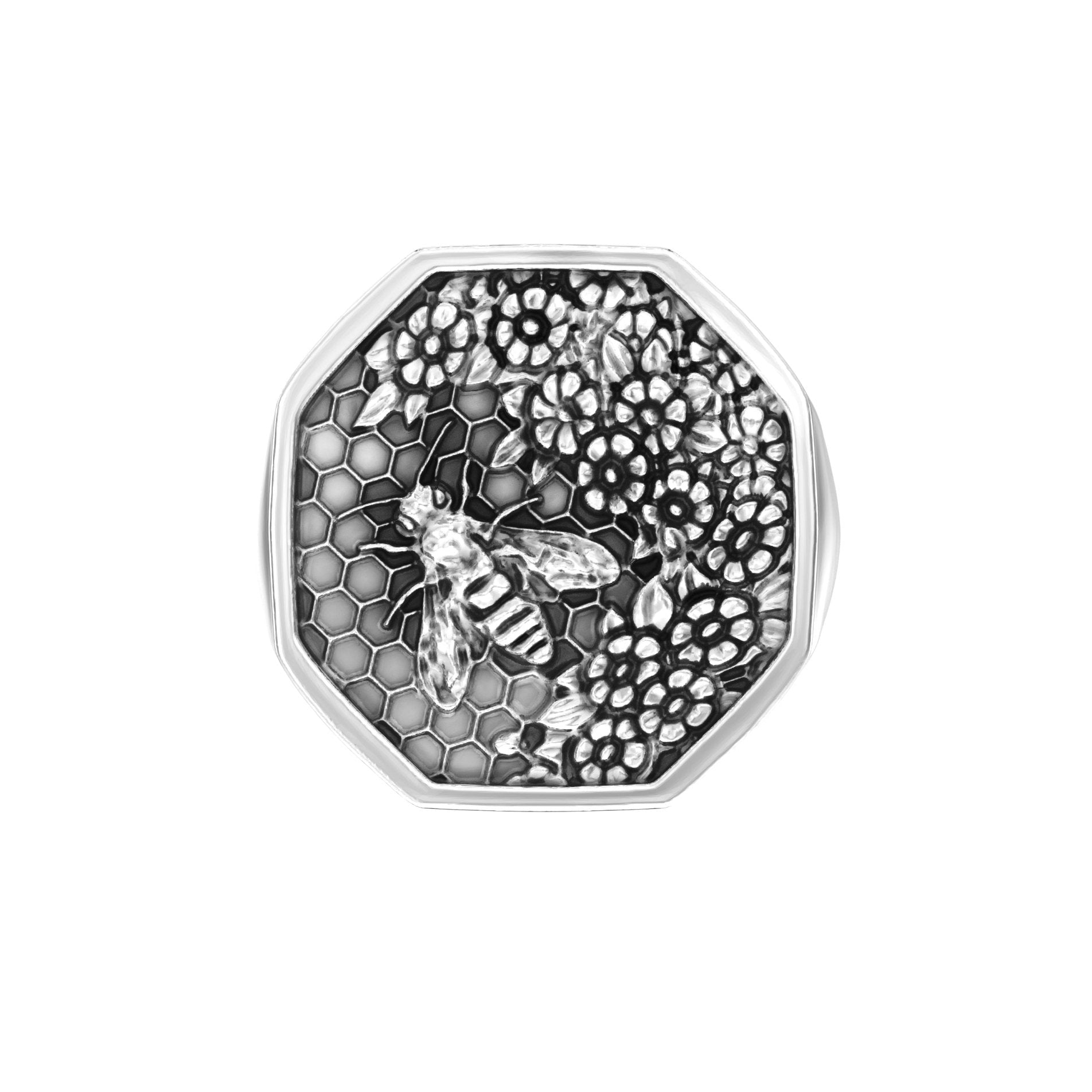 Honeycomb Bee Signet Ring – solid sterling silver hexagonal signet engraved with bee and honeycomb motif
