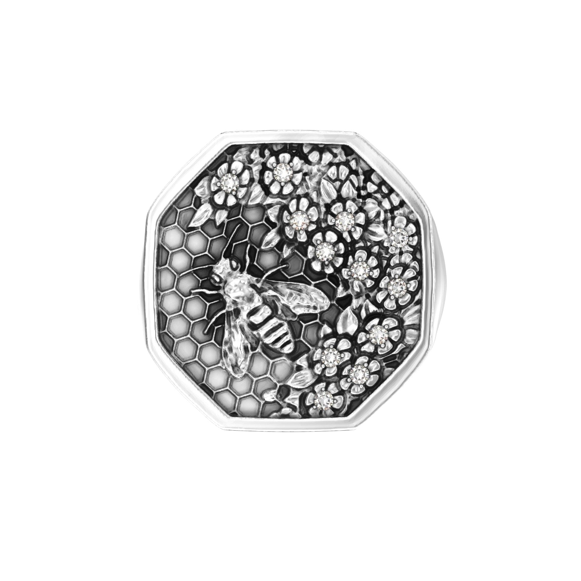 Sterling silver hexagonal bee signet ring with moissanite-set blossom and engraved honeycomb design