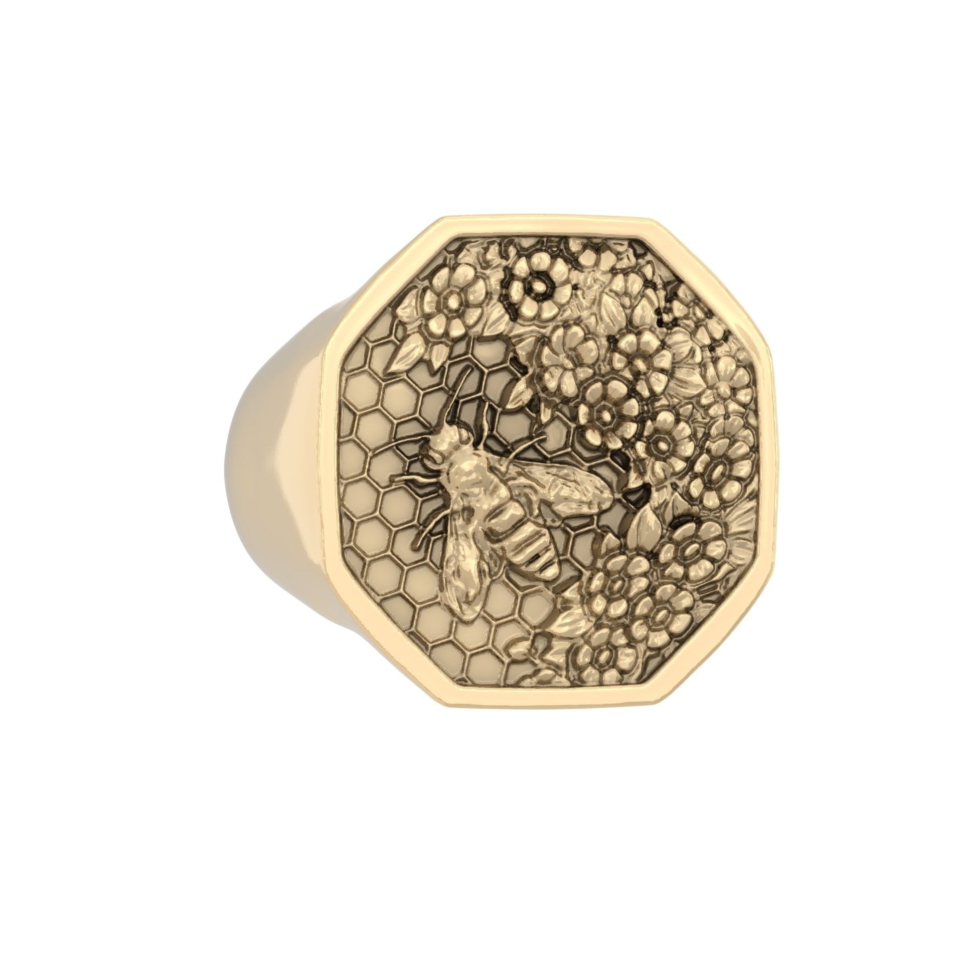 Angled left view of 9ct gold signet ring featuring engraved honeycomb and bee motif