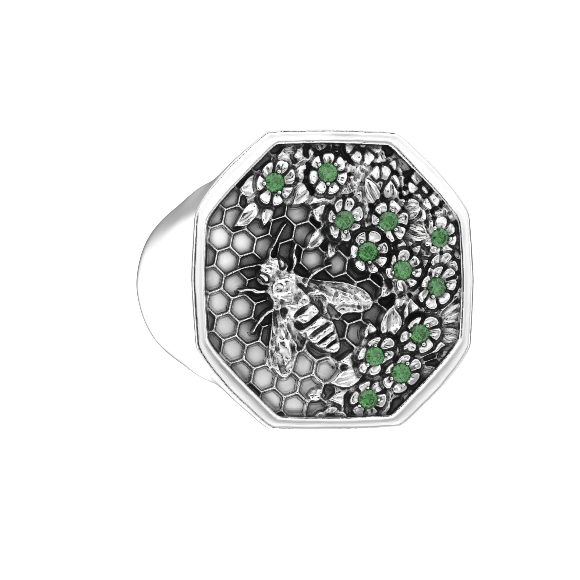 Angled left view of sterling silver signet ring featuring bee motif and emerald accents